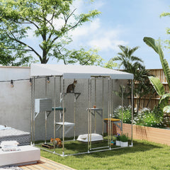 PawHut 79" Galvanized Steel Large Catio with Waterproof Canopy, Sleeping Box, Jumping Platforms, for 1-3 Kittens, Silver