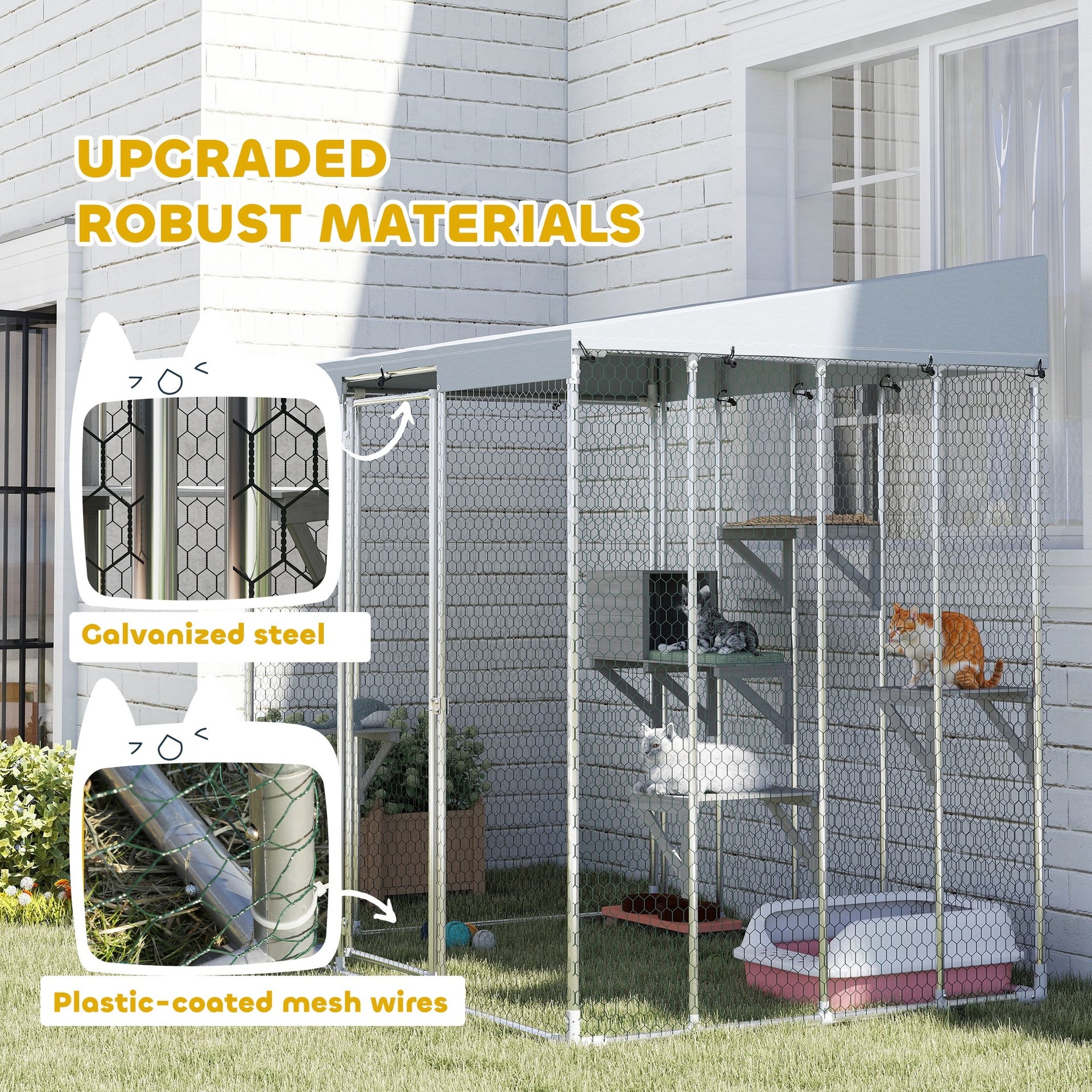 PawHut 79" Galvanized Steel Large Catio with Waterproof Canopy, Sleeping Box, Jumping Platforms, for 1-3 Kittens, Silver