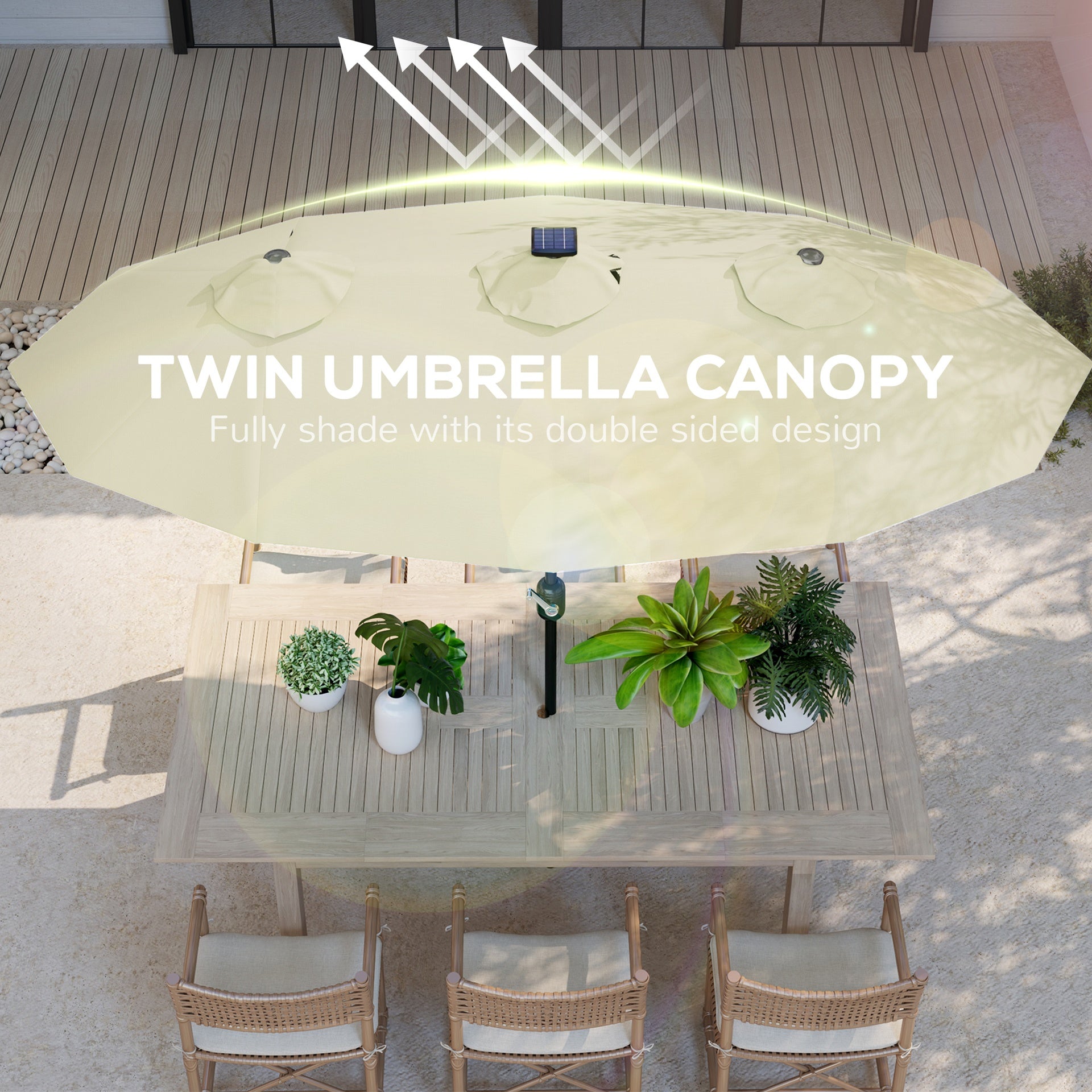 Outsunny Double-sided Patio Umbrella, 9.7' Outdoor Umbrella with Tilt and Crank, LED Solar Light and 12 Ribs, Cream White