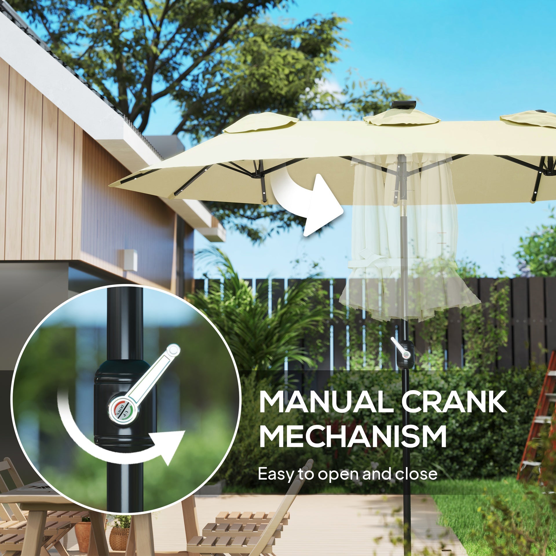 Outsunny Double-sided Patio Umbrella, 9.7' Outdoor Umbrella with Tilt and Crank, LED Solar Light and 12 Ribs, Cream White