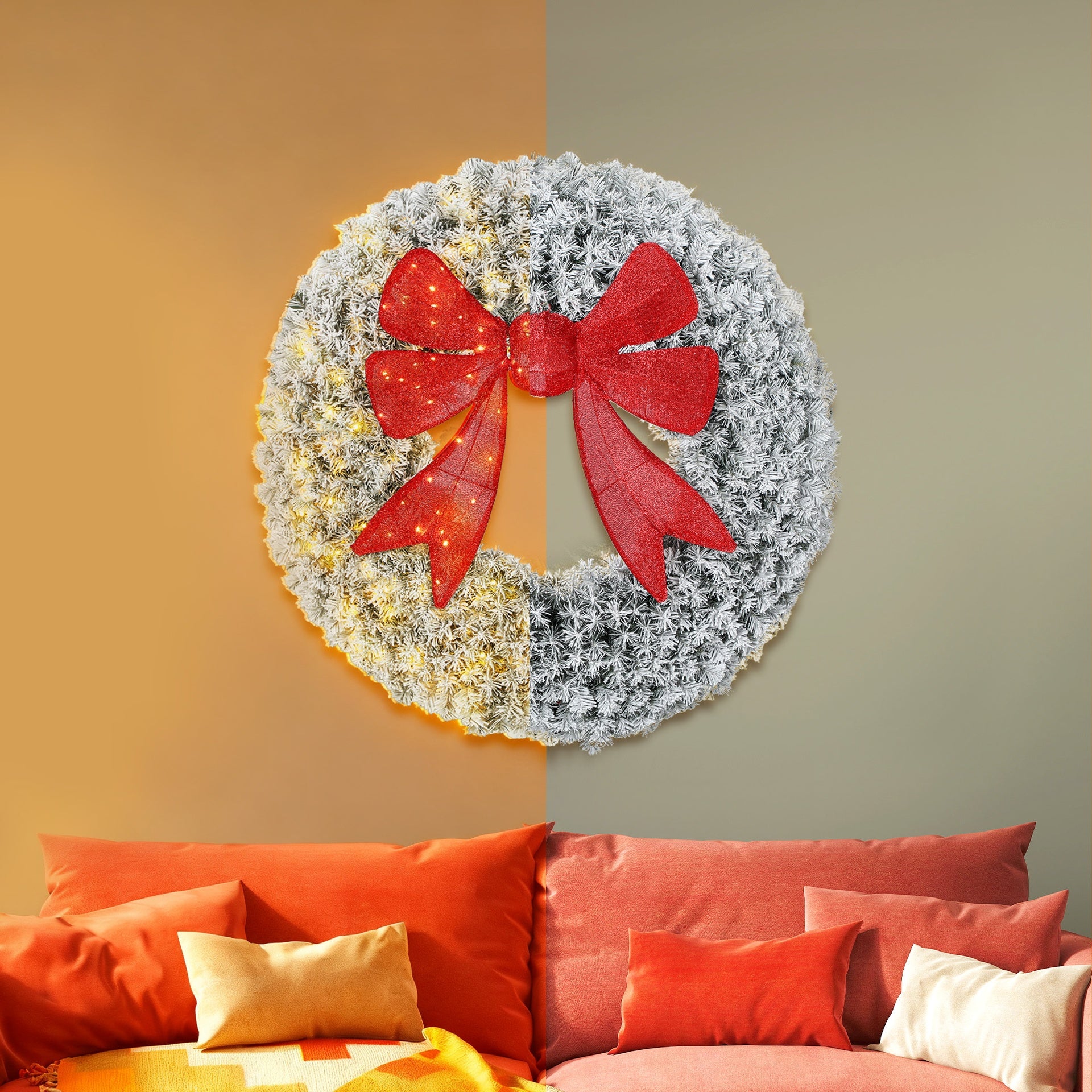 HOMCOM 36in Flocked Pre-Lit Christmas Wreath with 3D Red Bow, 11 Lighting Modes, Front Door Christmas Wreath with Remote