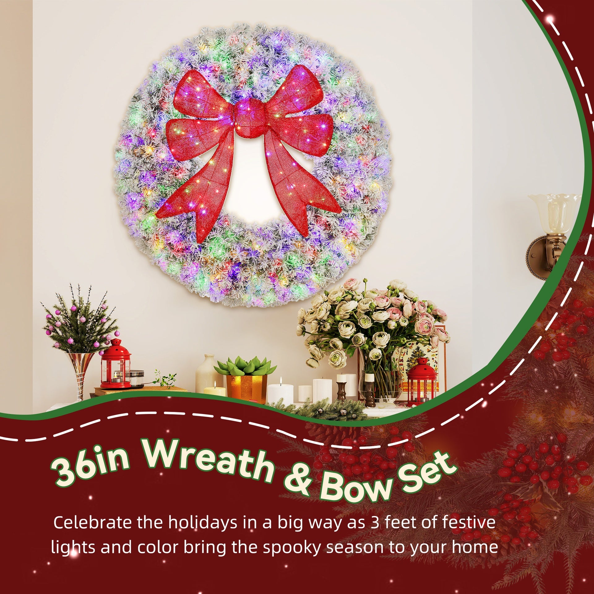 HOMCOM 36in Flocked Pre-Lit Christmas Wreath with 3D Red Bow, 11 Lighting Modes, Front Door Christmas Wreath with Remote