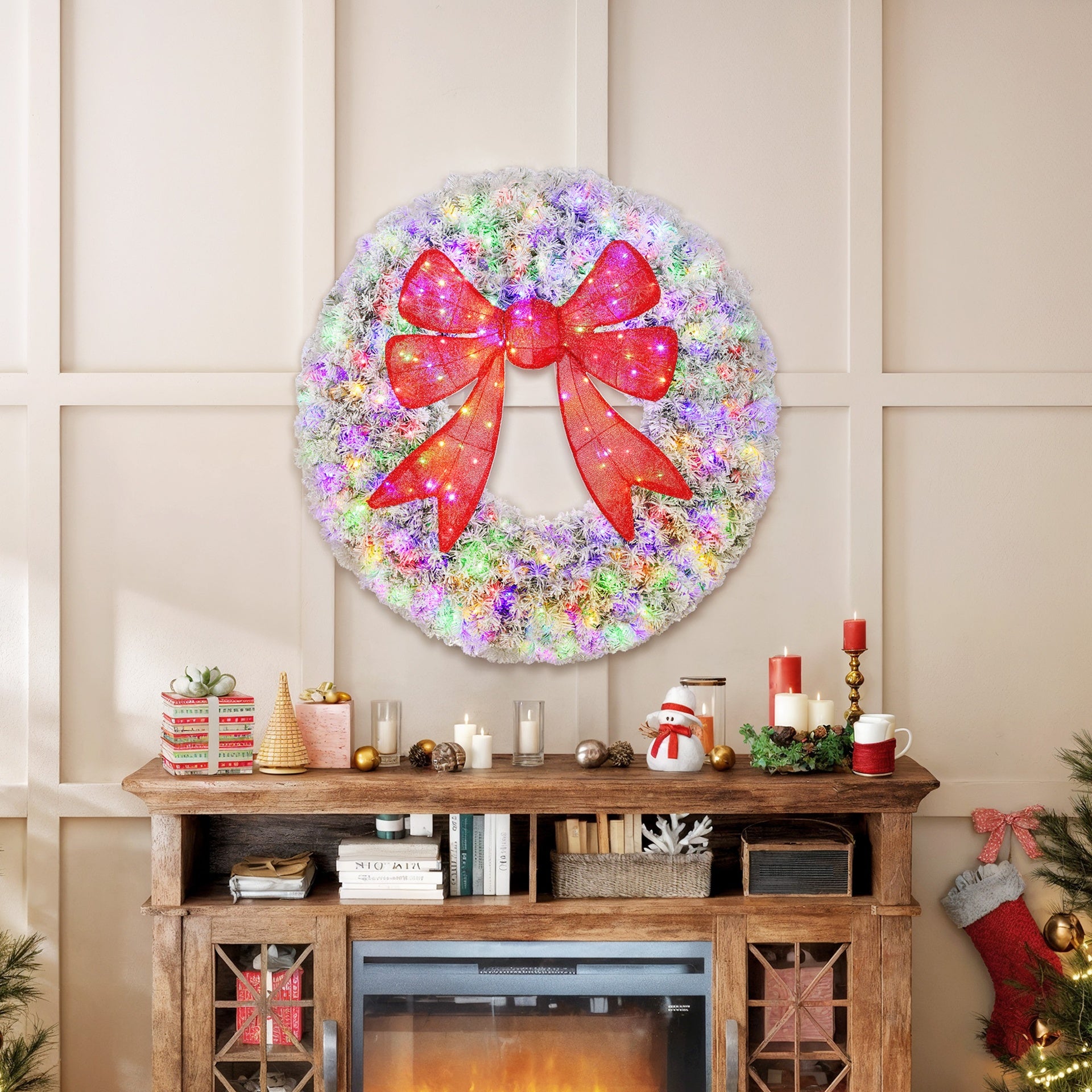 HOMCOM 36in Flocked Pre-Lit Christmas Wreath with 3D Red Bow, 11 Lighting Modes, Front Door Christmas Wreath with Remote