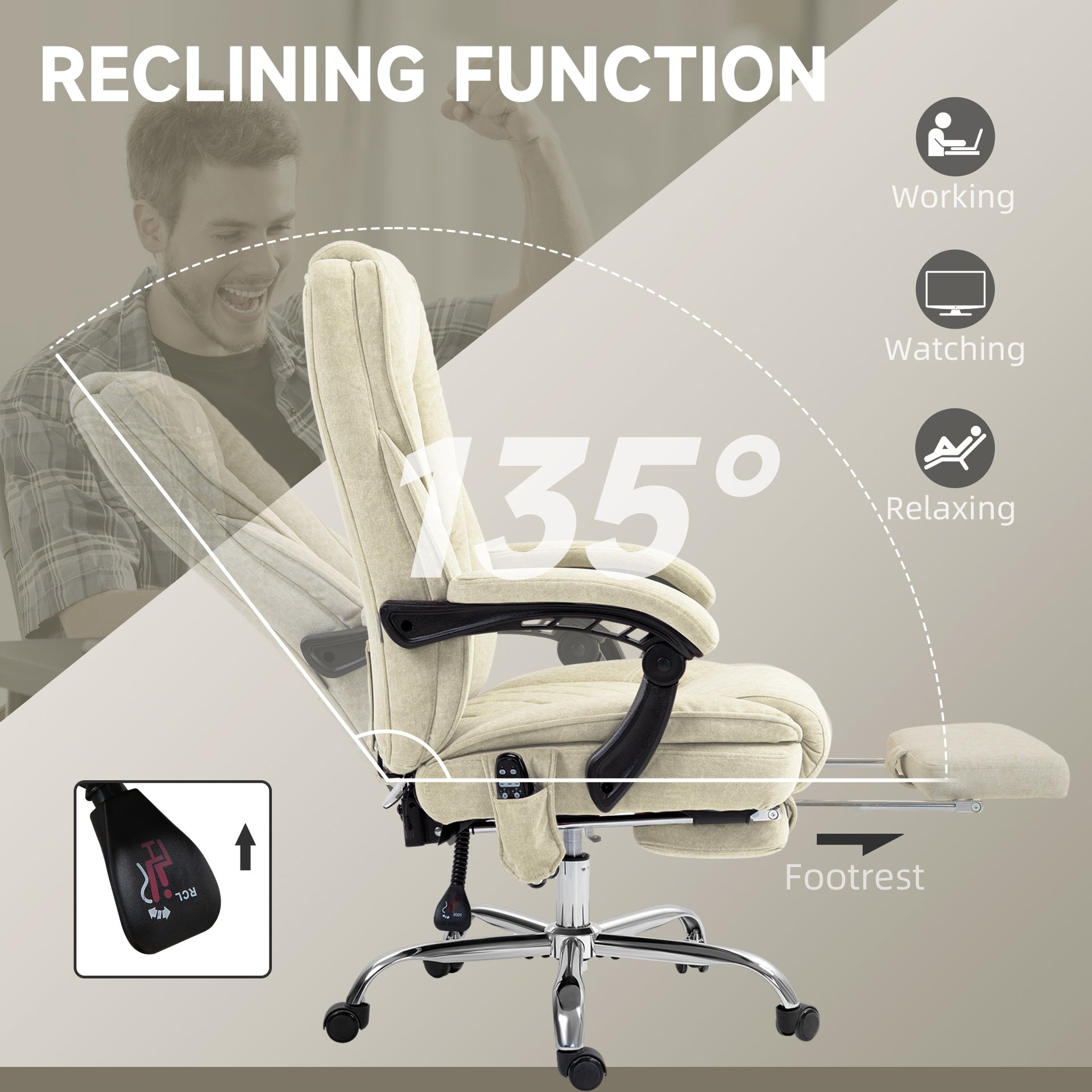 Vinsetto Massage Office Chair, Heated Reclining Computer Chair with Adjustable Height and Footrest, Beige