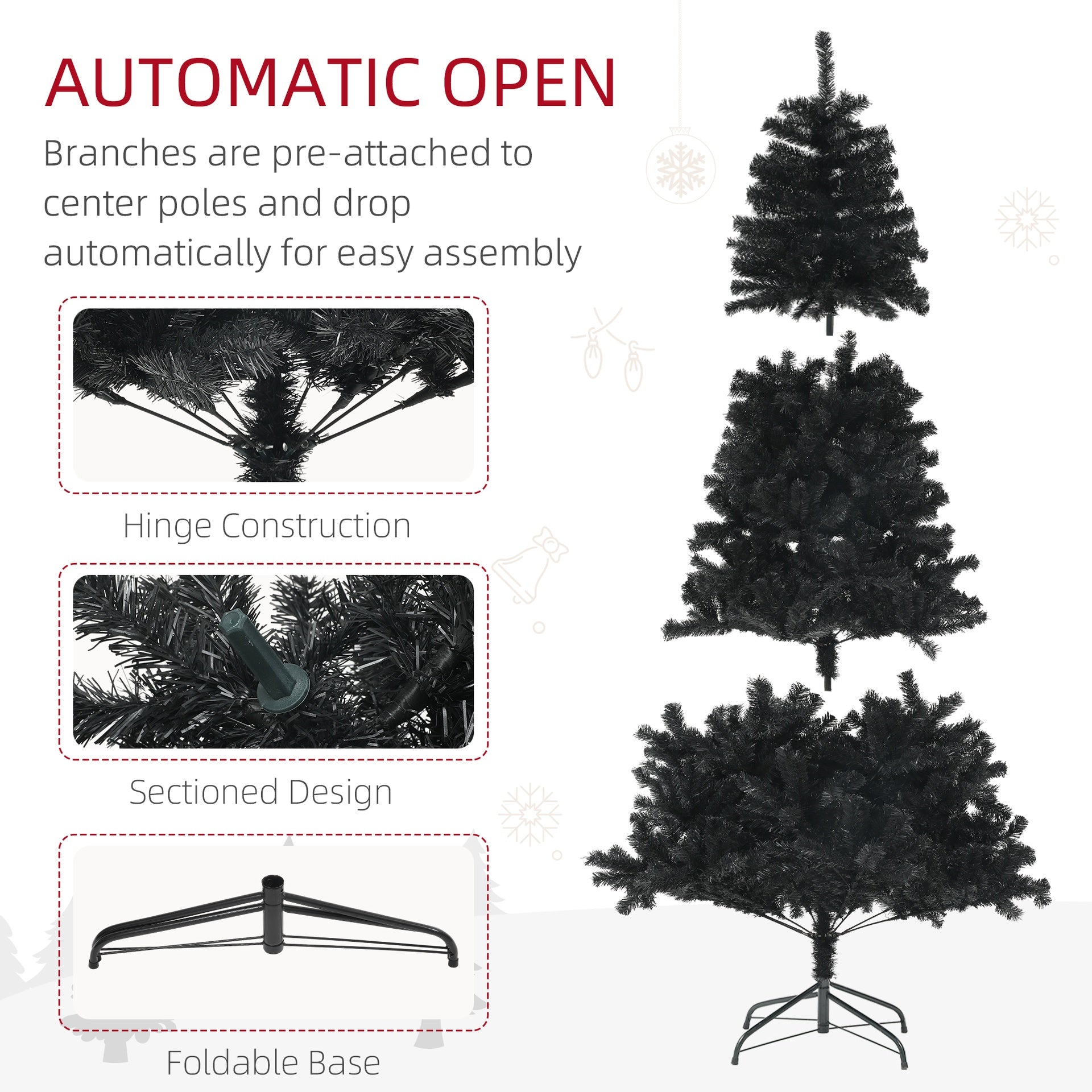 HOMCOM 7.5ft Unlit Artificial Black Christmas Tree, Holiday Decor with 1346 Branch Tips, Auto Open and Steel Base
