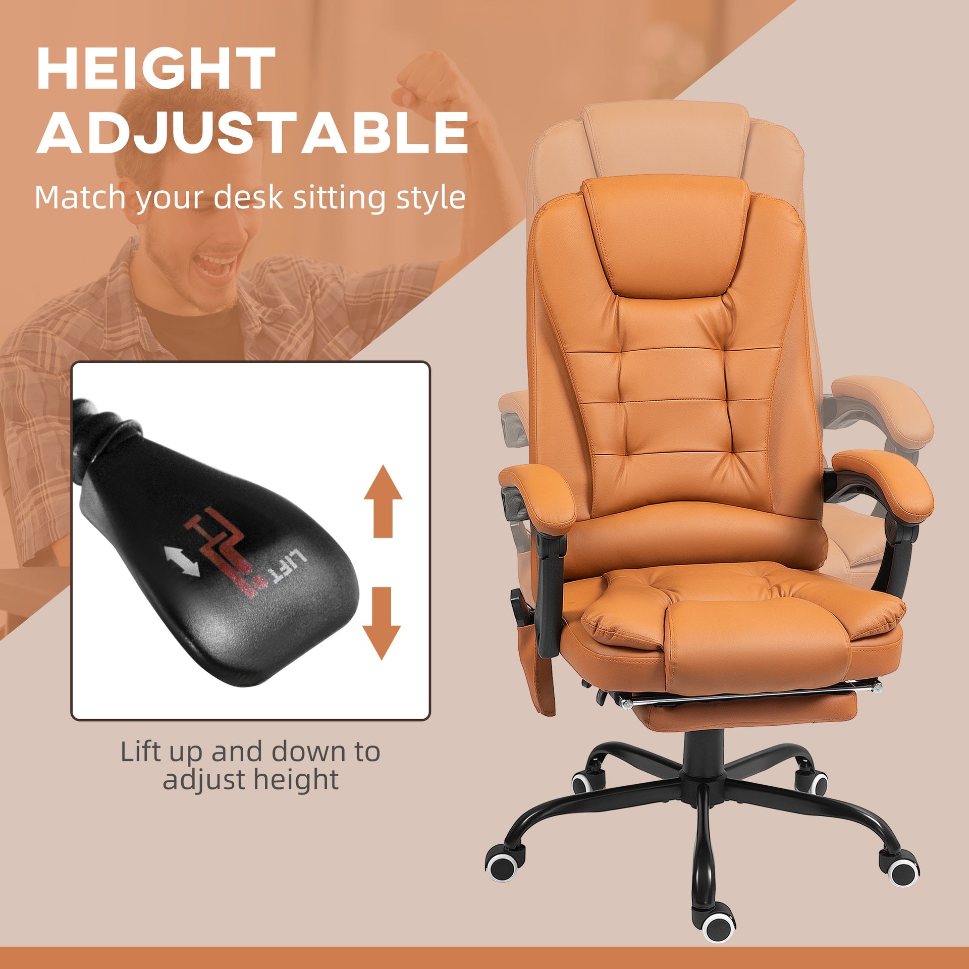 Vinsetto 7-Point Vibrating Massage Office Chair High Back Massaging Office Desk Chair with Lumbar Support, Footrest, Light Brown