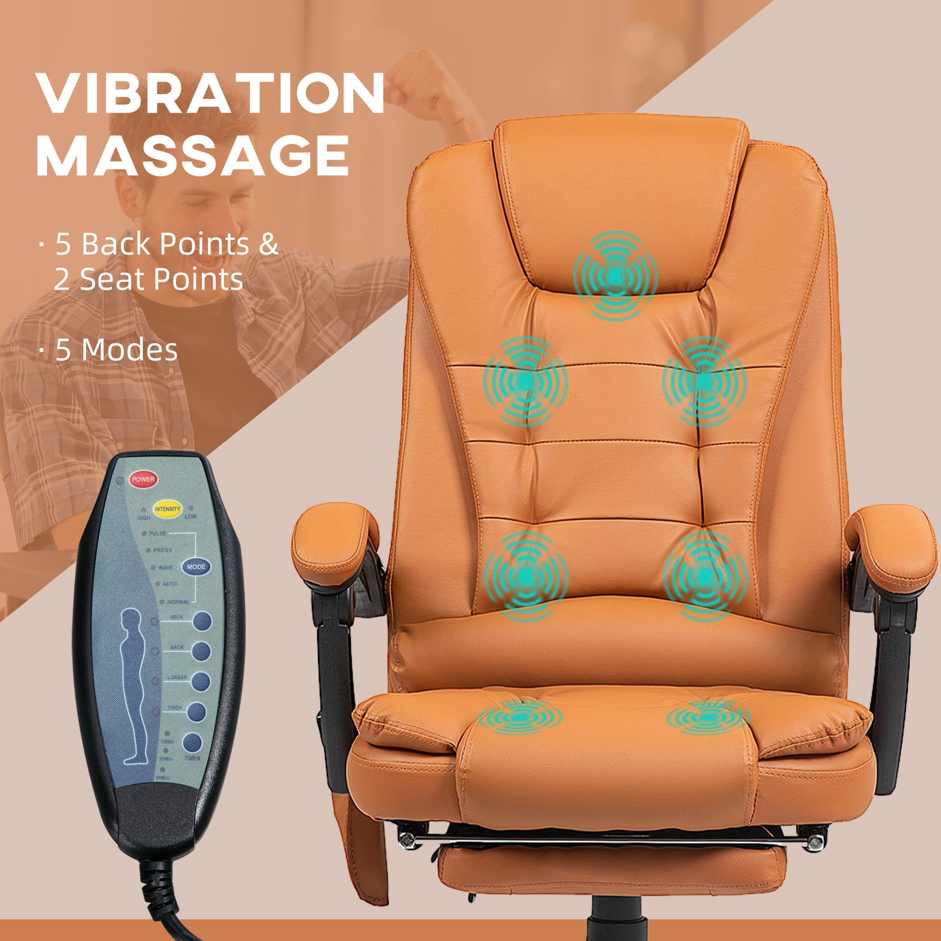 Vinsetto 7-Point Vibrating Massage Office Chair High Back Massaging Office Desk Chair with Lumbar Support, Footrest, Light Brown