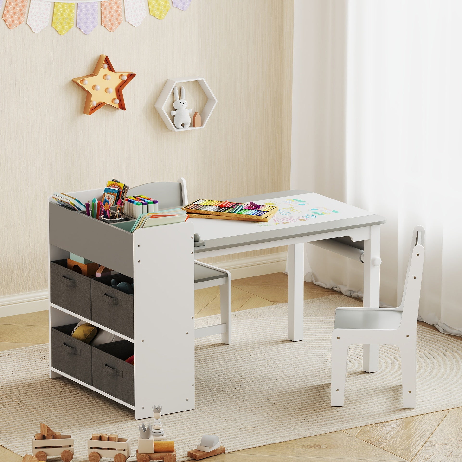 Qaba Kids Desk and Chair Set with Paper Roll, Kids Activity Craft Table with Storage Shelves and Drawers, Gray