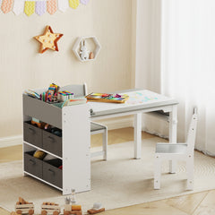 Qaba Kids Desk and Chair Set with Paper Roll, Kids Activity Craft Table with Storage Shelves and Drawers, Gray