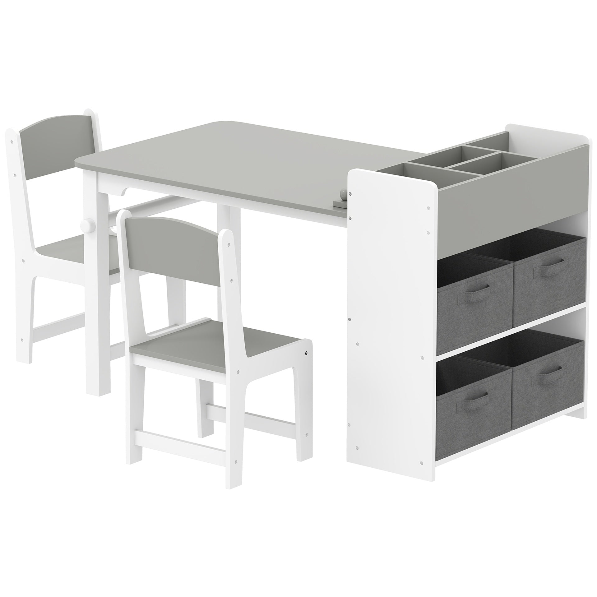 Qaba Kids Desk and Chair Set with Paper Roll, Kids Activity Craft Table with Storage Shelves and Drawers, Gray