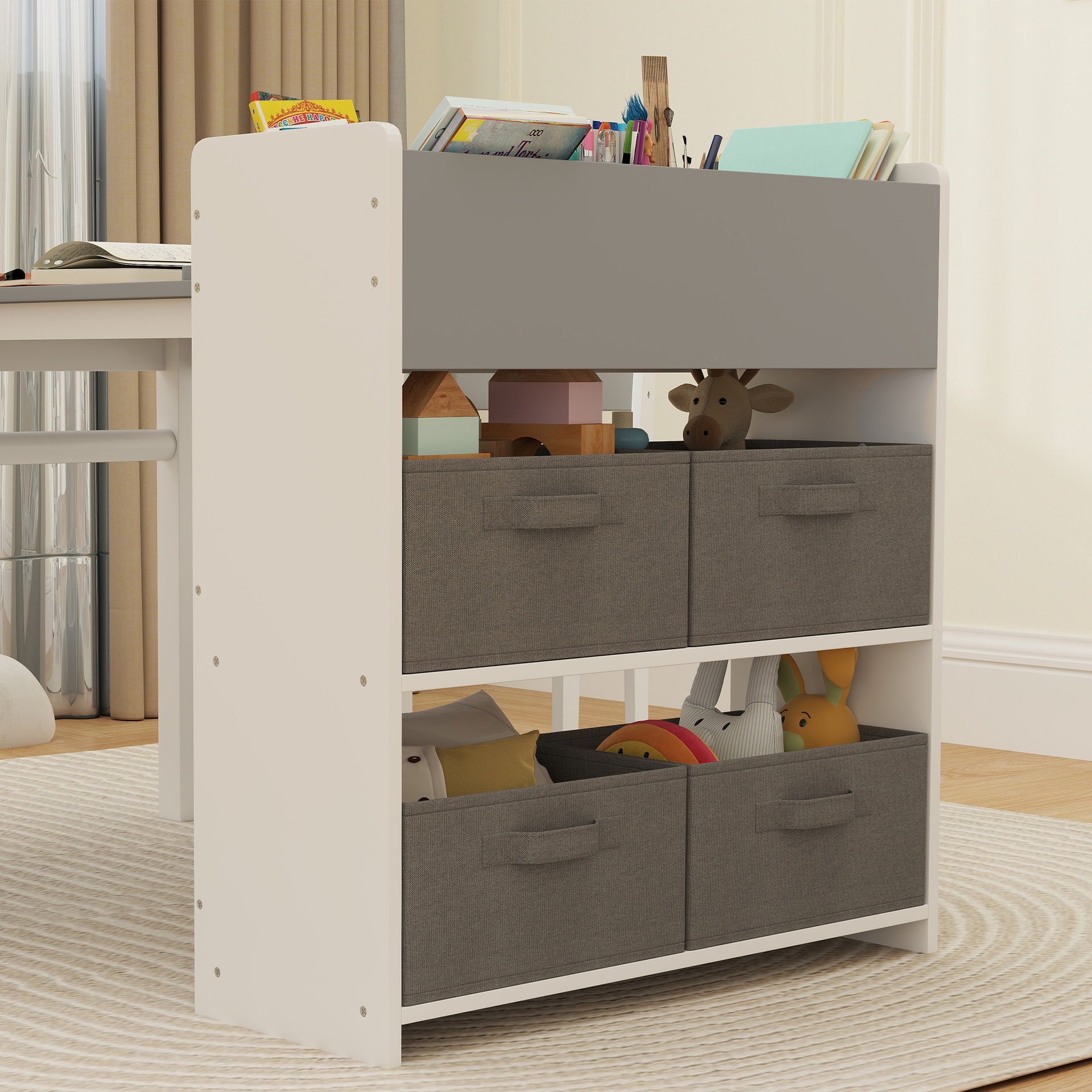 Qaba Kids Desk and Chair Set with Paper Roll, Kids Activity Craft Table with Storage Shelves and Drawers, Gray