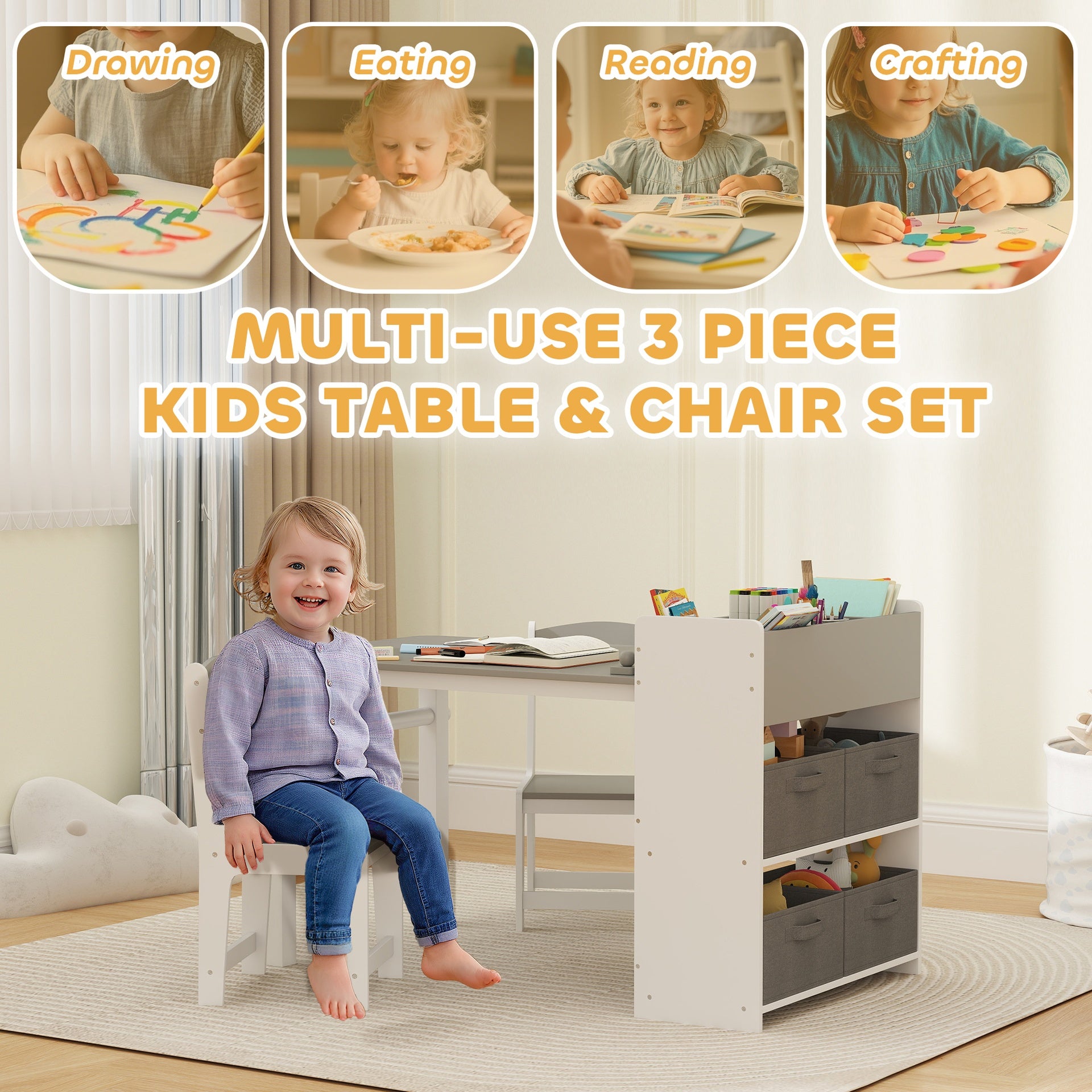 Qaba Kids Desk and Chair Set with Paper Roll, Kids Activity Craft Table with Storage Shelves and Drawers, Gray