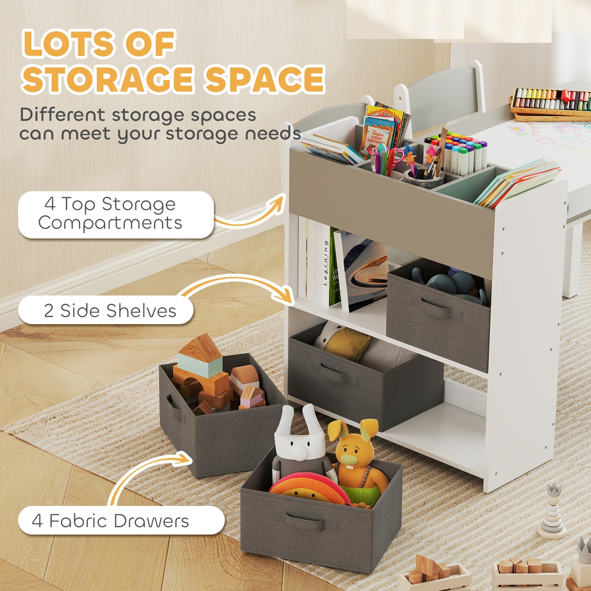Qaba Kids Desk and Chair Set with Paper Roll, Kids Activity Craft Table with Storage Shelves and Drawers, Gray