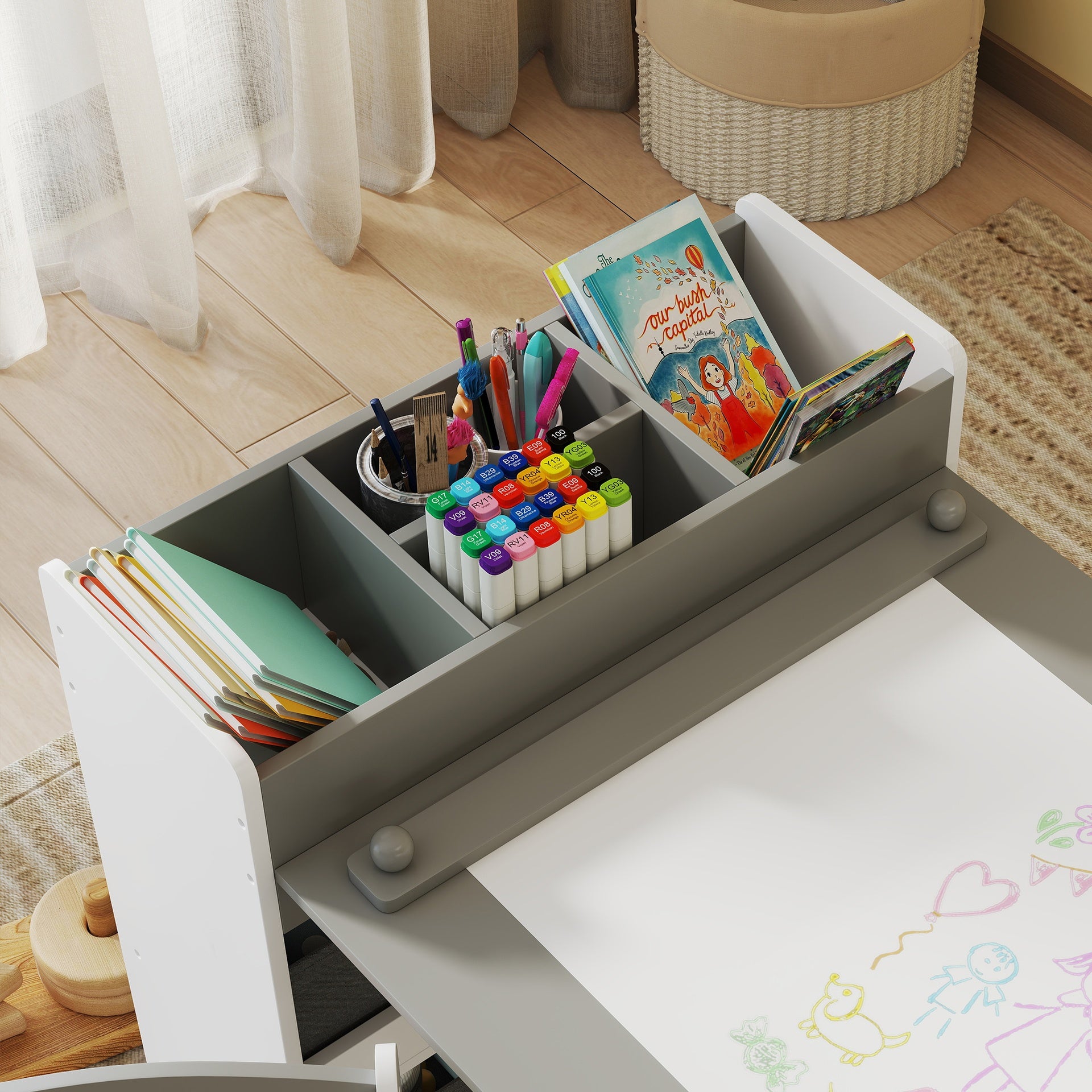 Qaba Kids Desk and Chair Set with Paper Roll, Kids Activity Craft Table with Storage Shelves and Drawers, Gray
