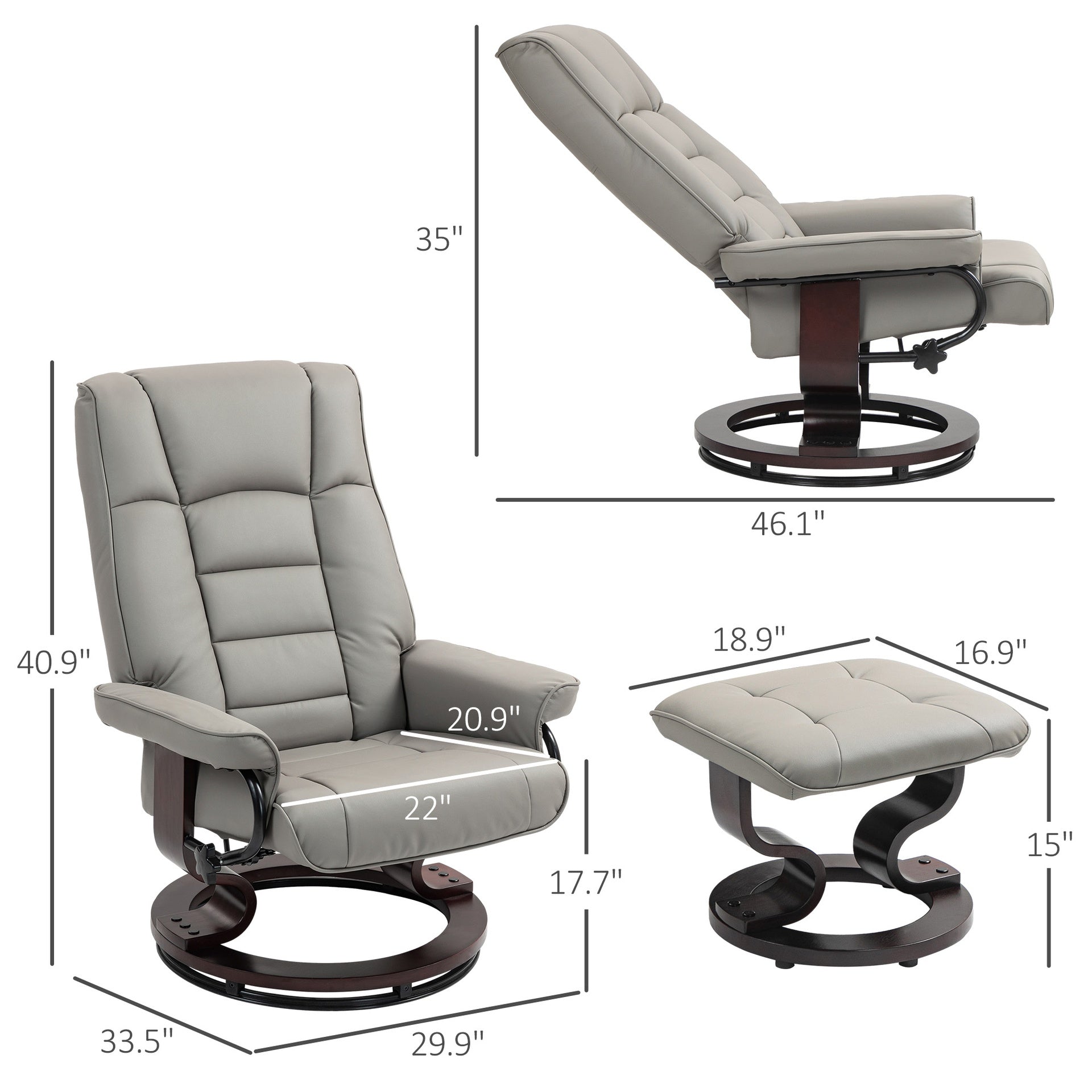 HOMCOM Faux Leather Recliner with Ottoman, Swivel Recliner Chair and Ottoman with High Back and Wood Base, Gray