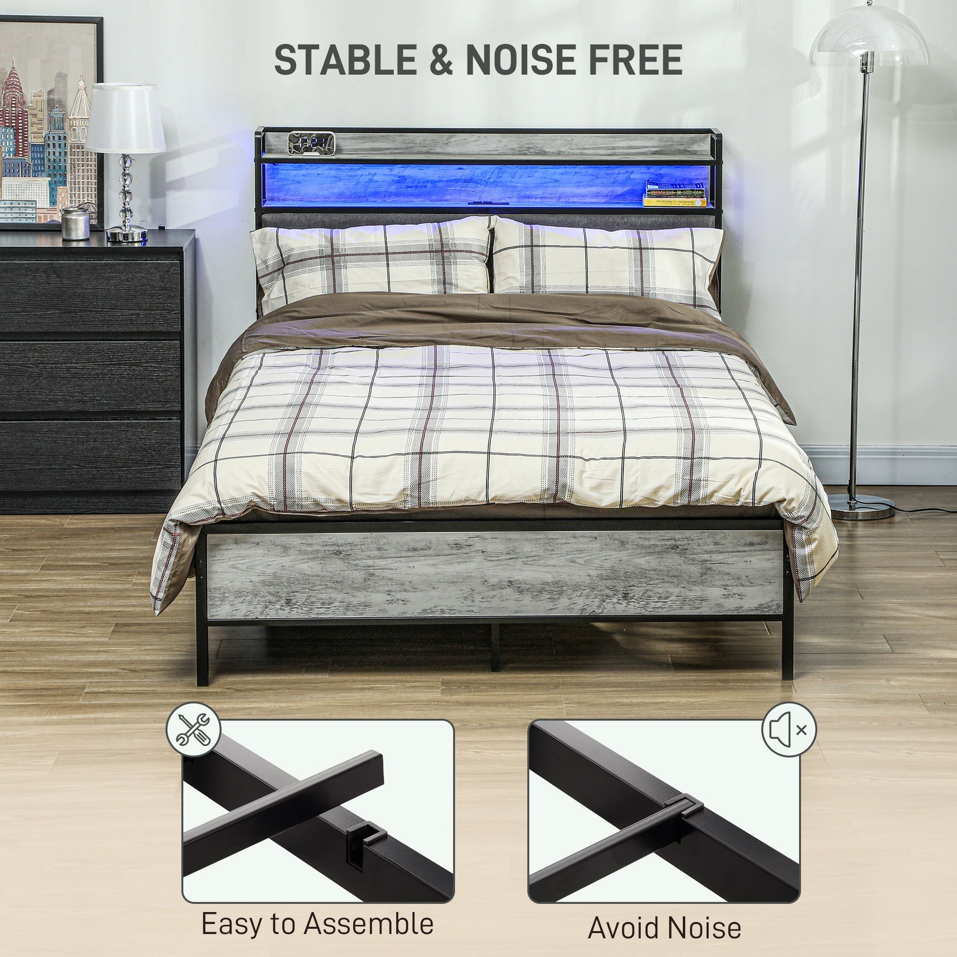 HOMCOM Full Bed Frame with Storage Upholstered Headboard, Full Size Bed Frame with LED Lights, Charging Station, Cement Gray