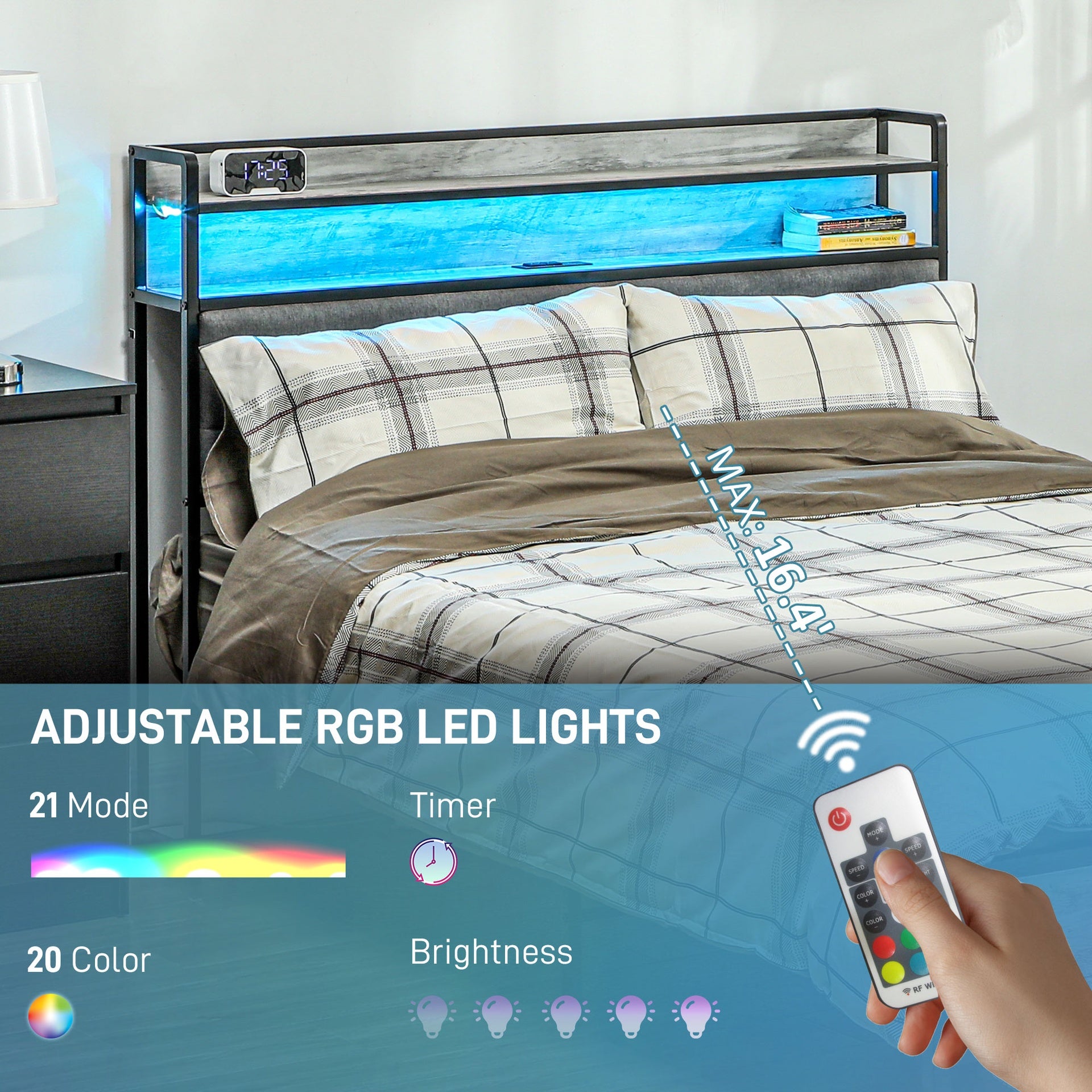 HOMCOM Full Bed Frame with Storage Upholstered Headboard, Full Size Bed Frame with LED Lights, Charging Station, Cement Gray
