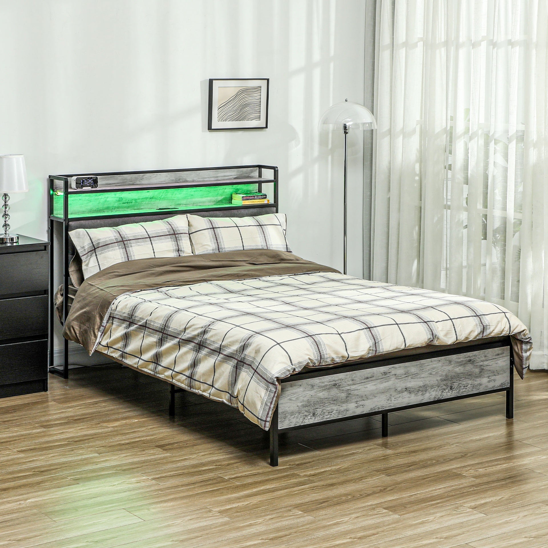 HOMCOM Full Bed Frame with Storage Upholstered Headboard, Full Size Bed Frame with LED Lights, Charging Station, Cement Gray