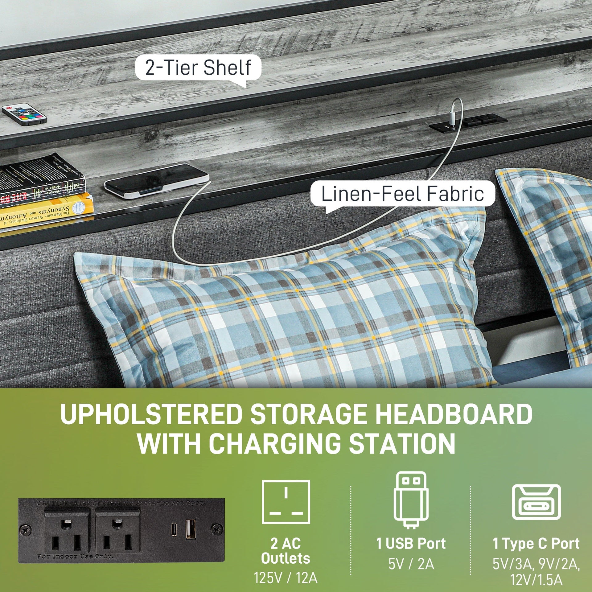 HOMCOM Full Bed Frame with Storage Upholstered Headboard, Full Size Bed Frame with LED Lights, Charging Station, Cement Gray