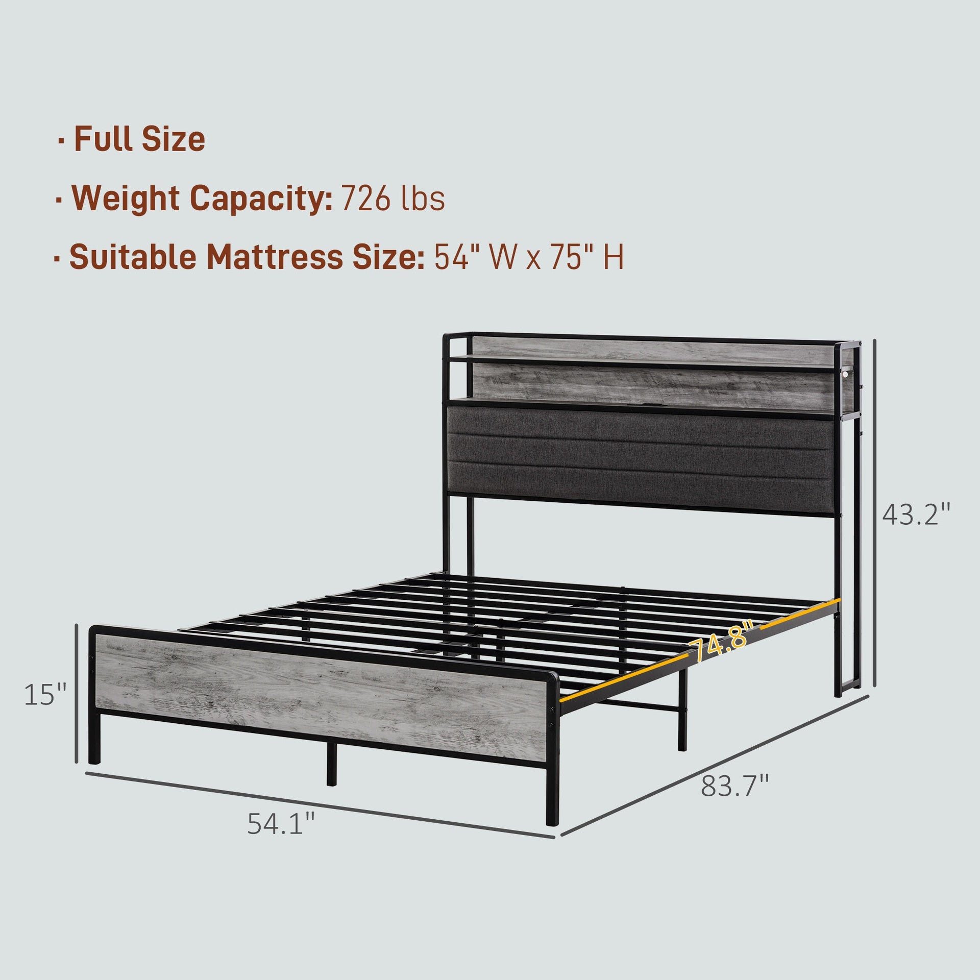 HOMCOM Full Bed Frame with Storage Upholstered Headboard, Full Size Bed Frame with LED Lights, Charging Station, Cement Gray