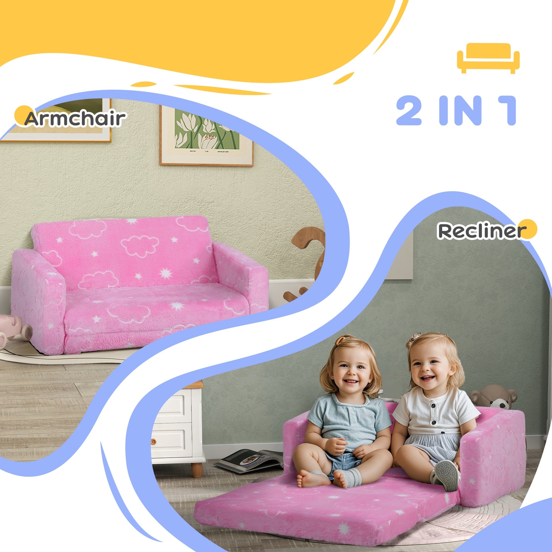 Qaba Couch with Glow in the Dark Cloud Pattern, Washable Cover, Pink
