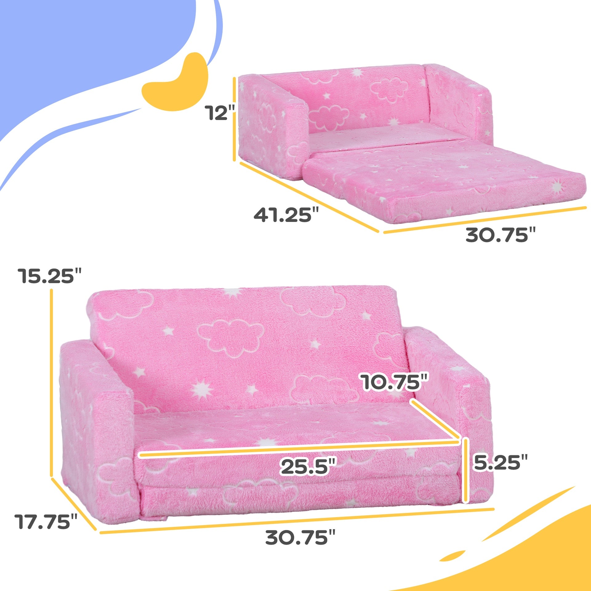 Qaba Couch with Glow in the Dark Cloud Pattern, Washable Cover, Pink
