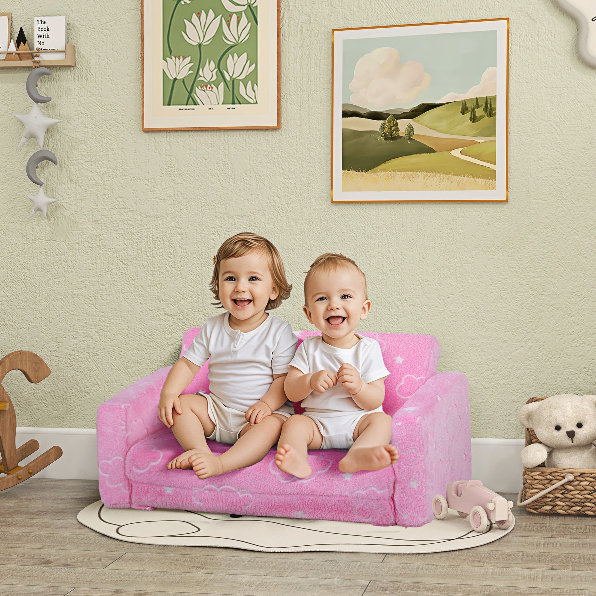 Qaba Couch with Glow in the Dark Cloud Pattern, Washable Cover, Pink