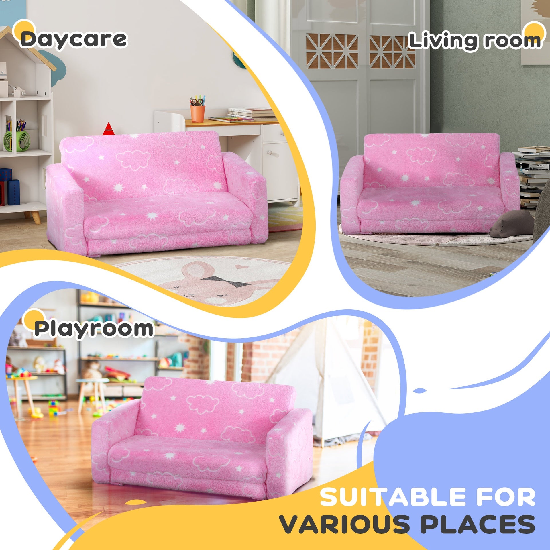 Qaba Couch with Glow in the Dark Cloud Pattern, Washable Cover, Pink