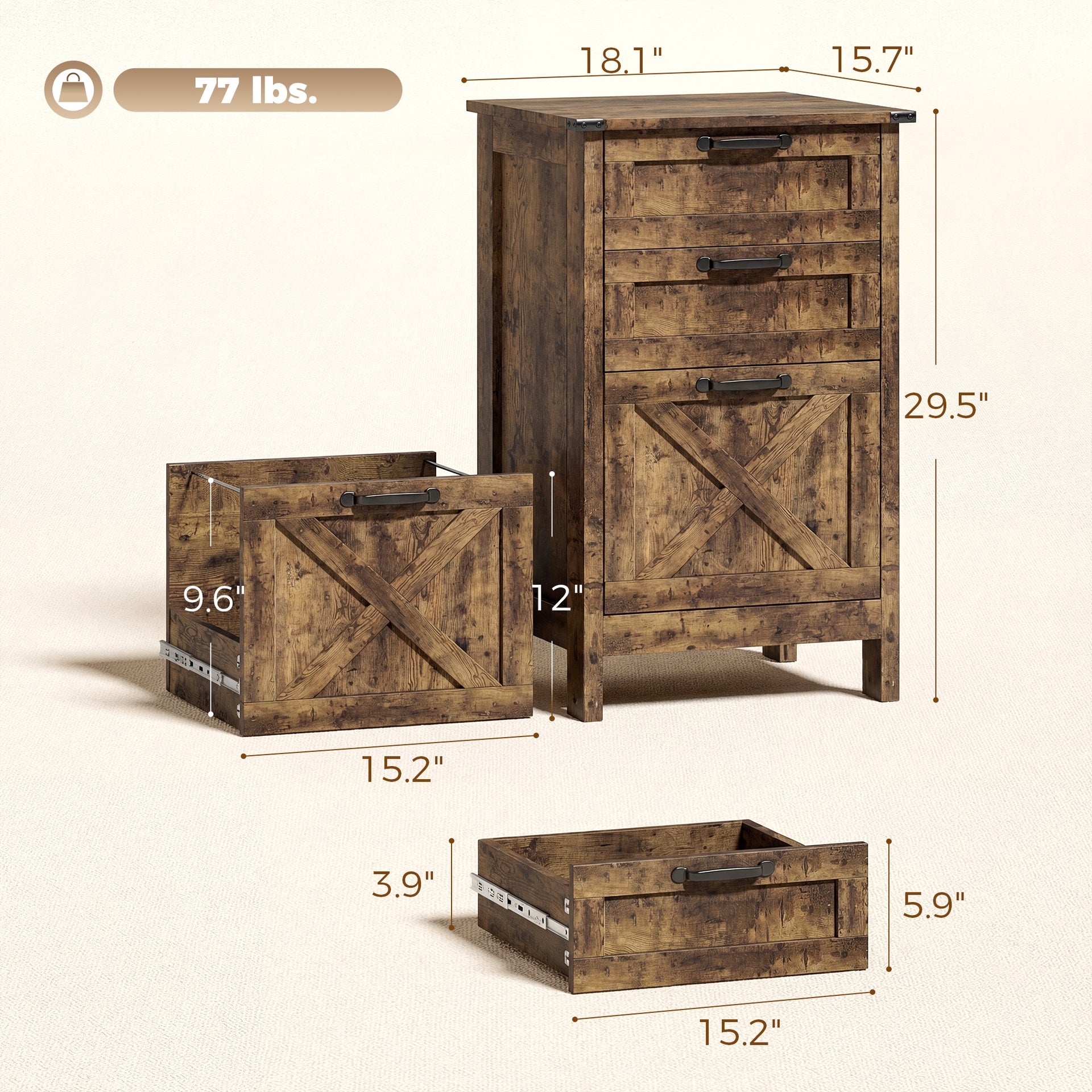HOMCOM Vertical File Cabinet with 3 Drawers, Rustic Farmhouse Office Storage Cabinet for A4, Letter Size, Rustic Brown
