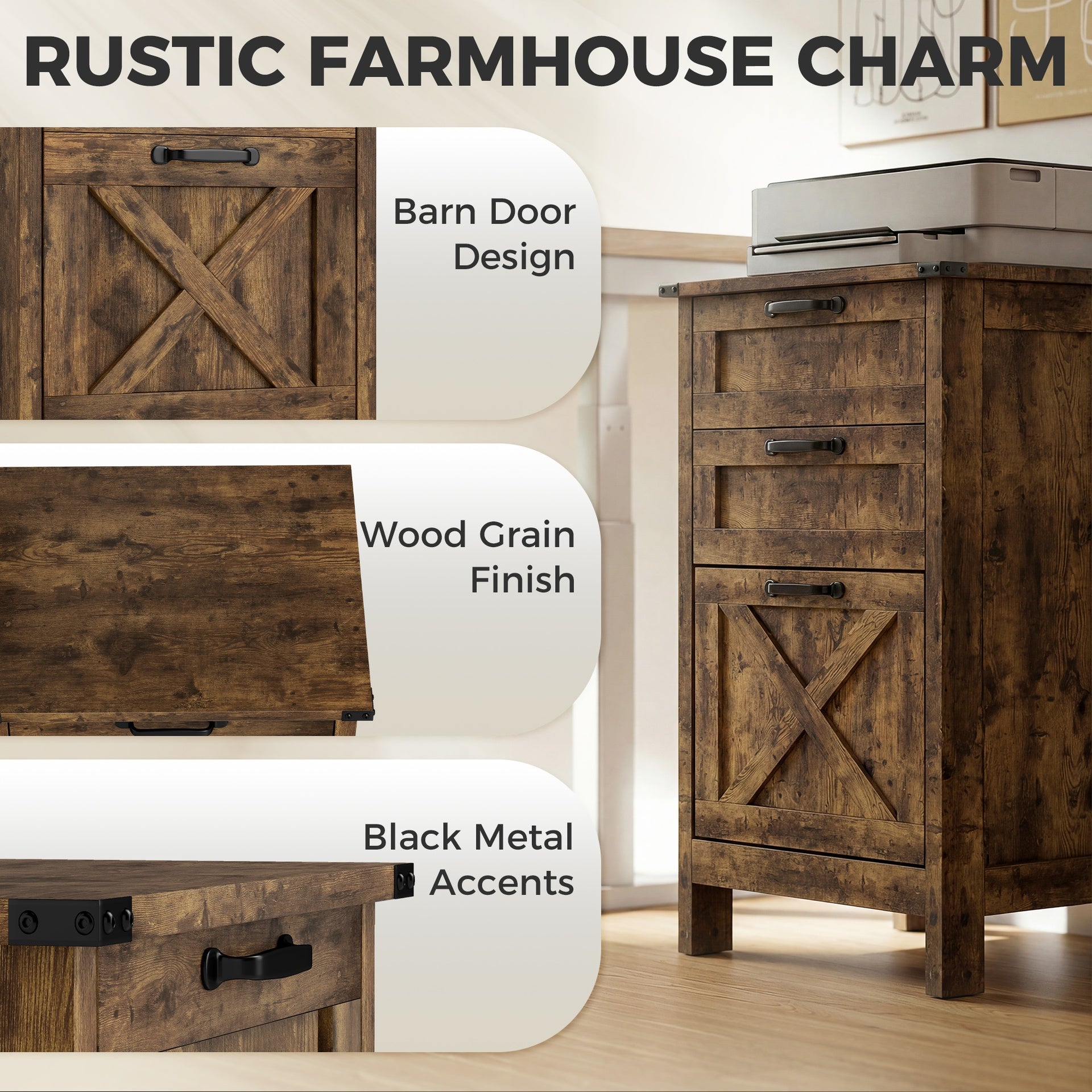 HOMCOM Vertical File Cabinet with 3 Drawers, Rustic Farmhouse Office Storage Cabinet for A4, Letter Size, Rustic Brown