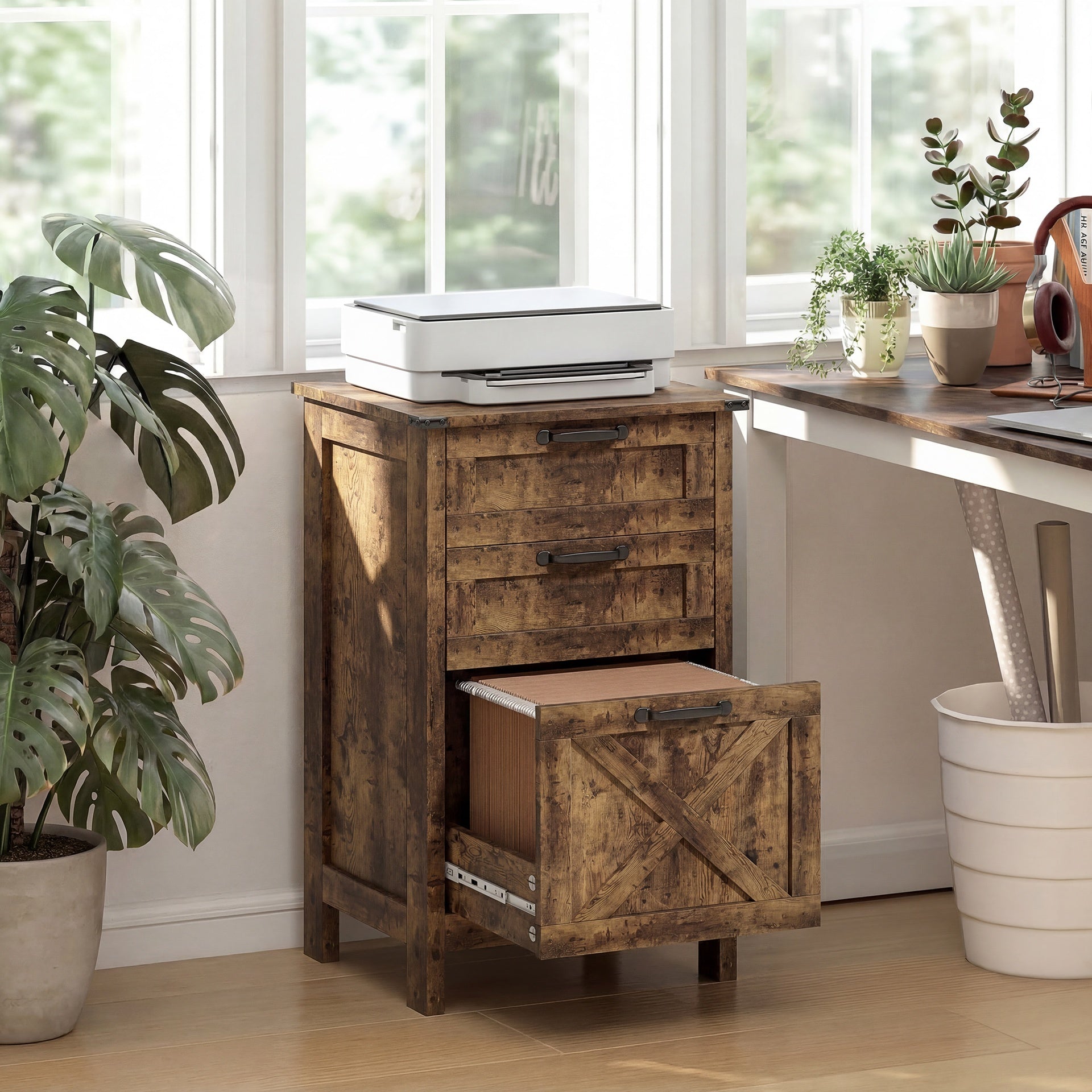 HOMCOM Vertical File Cabinet with 3 Drawers, Rustic Farmhouse Office Storage Cabinet for A4, Letter Size, Rustic Brown