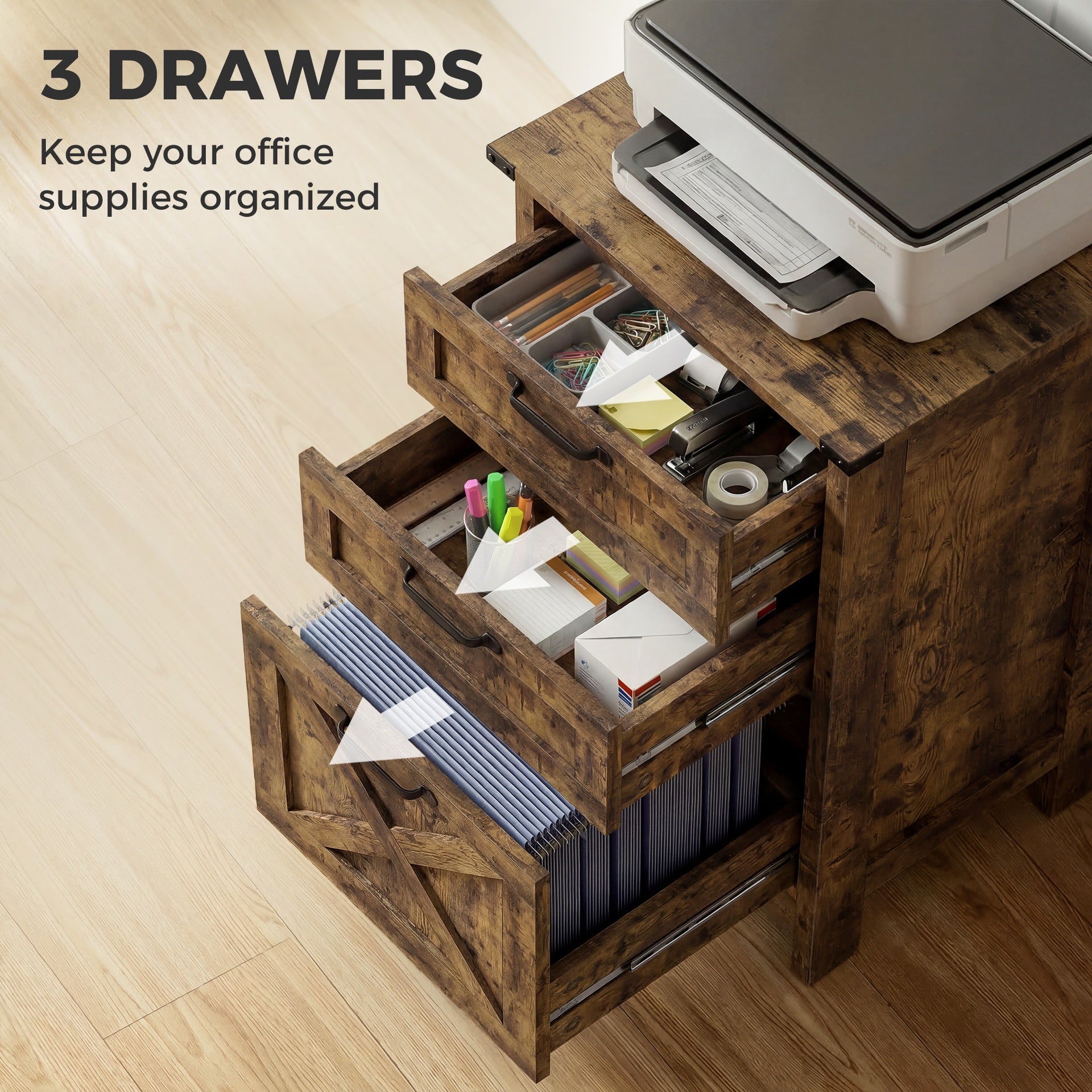 HOMCOM Vertical File Cabinet with 3 Drawers, Rustic Farmhouse Office Storage Cabinet for A4, Letter Size, Rustic Brown