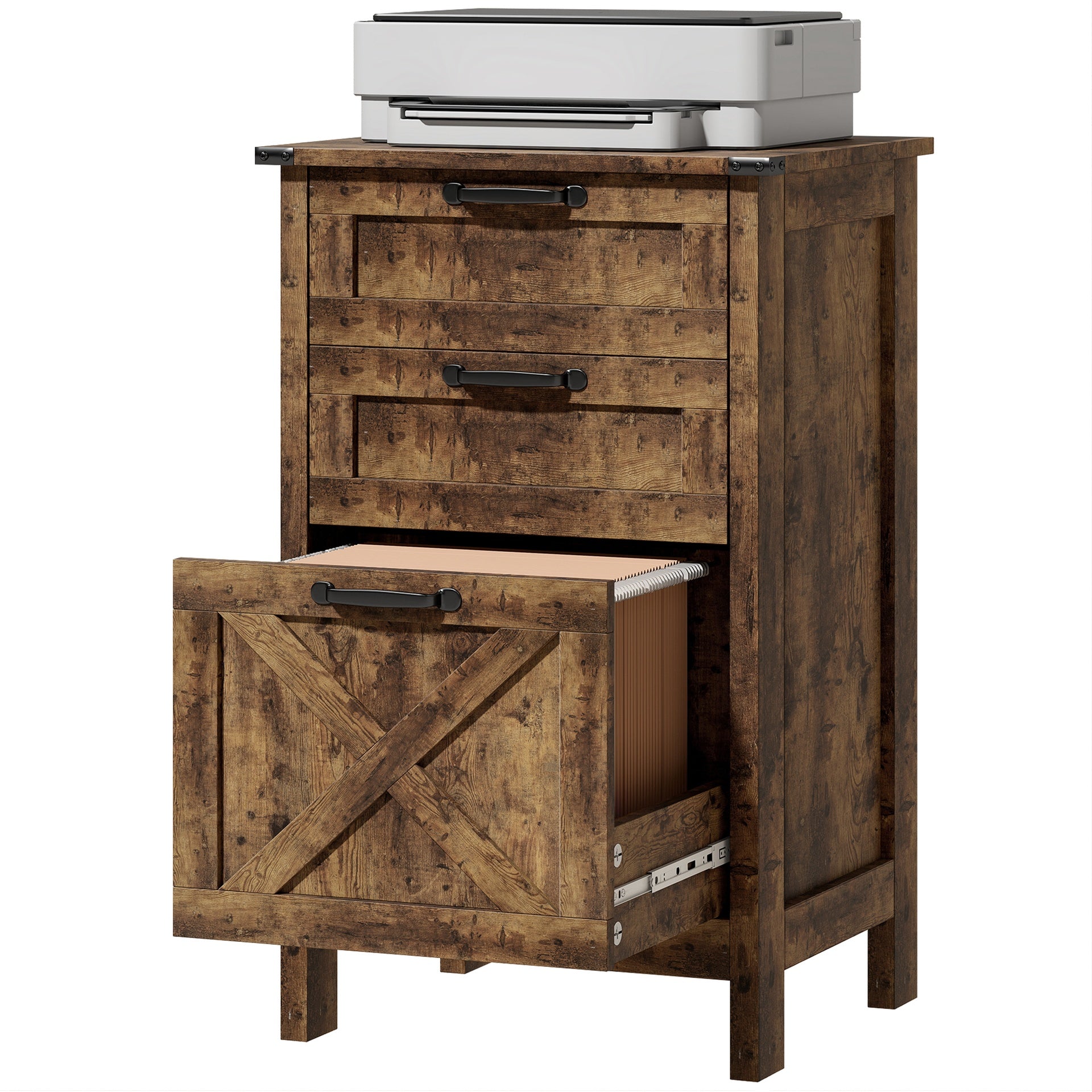 HOMCOM Vertical File Cabinet with 3 Drawers, Rustic Farmhouse Office Storage Cabinet for A4, Letter Size, Rustic Brown