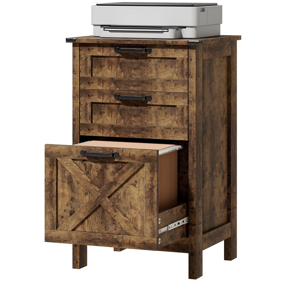 HOMCOM Vertical File Cabinet with 3 Drawers, Rustic Farmhouse Office Storage Cabinet for A4, Letter Size, Rustic Brown