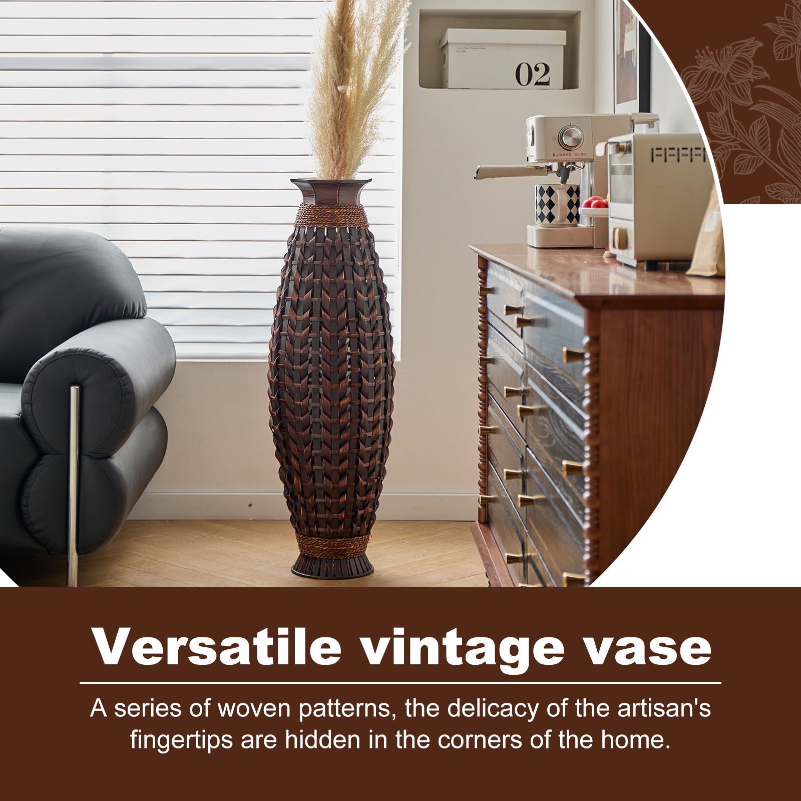 Handwoven Natural Bamboo Floor Vase, 38.97" Tall Boho Decorative Vase for Living Room Entryway, Rustic Farmhouse Woven Vase for Pampas Grass & Dried Branches