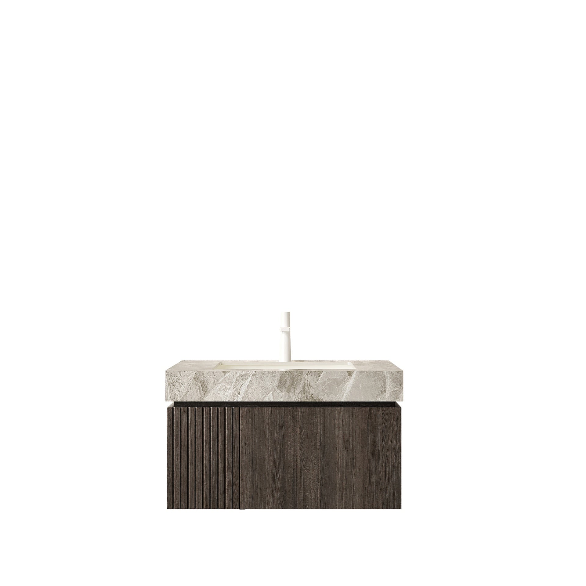MURI 30" Bathroom Vanity&Sink, Floating Plywood Storage Cabinet with Drawer&Door, Light Gray Sintered Stone Top&Ceramic Basin with 1 Pre-drilled Faucet Hole, Pre-assembled, Espresso Woodgrain Color