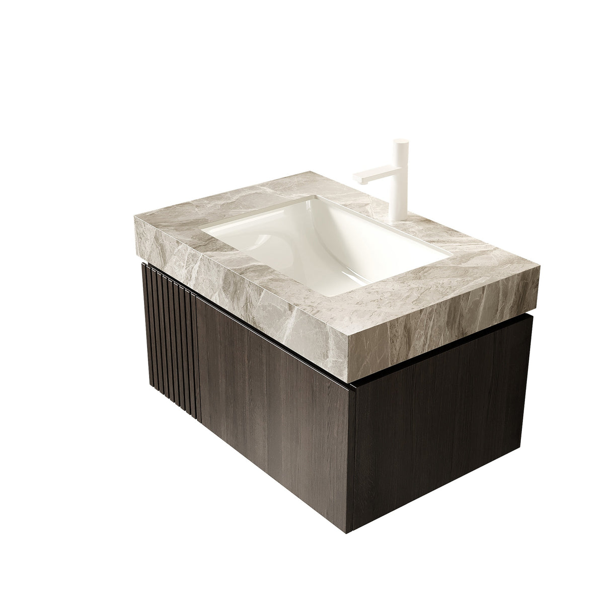 MURI 30" Bathroom Vanity&Sink, Floating Plywood Storage Cabinet with Drawer&Door, Light Gray Sintered Stone Top&Ceramic Basin with 1 Pre-drilled Faucet Hole, Pre-assembled, Espresso Woodgrain Color