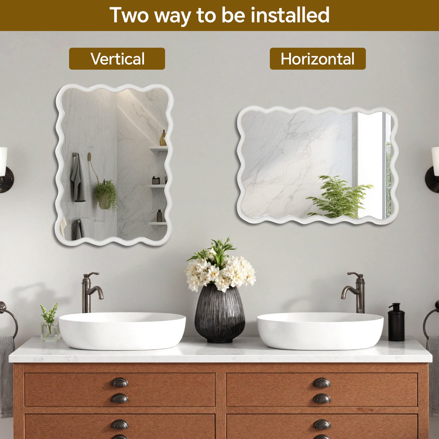 White 30"x40" Wavy Rectangle Solid Wood Frame Decorative Mirror,For Bedroom, Bathroom, Living Room, Entryway