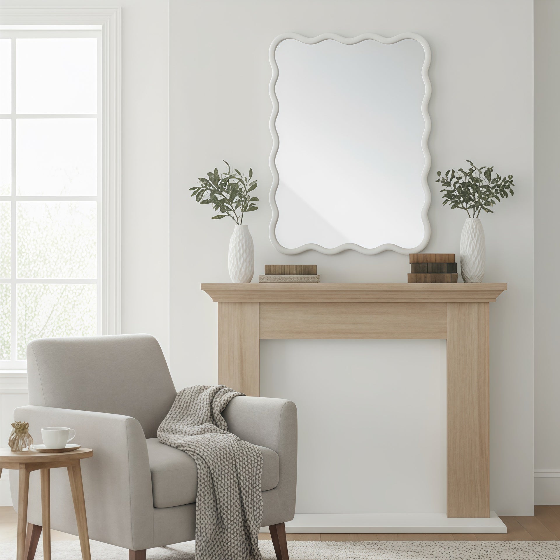 White 30"x40" Wavy Rectangle Solid Wood Frame Decorative Mirror,For Bedroom, Bathroom, Living Room, Entryway