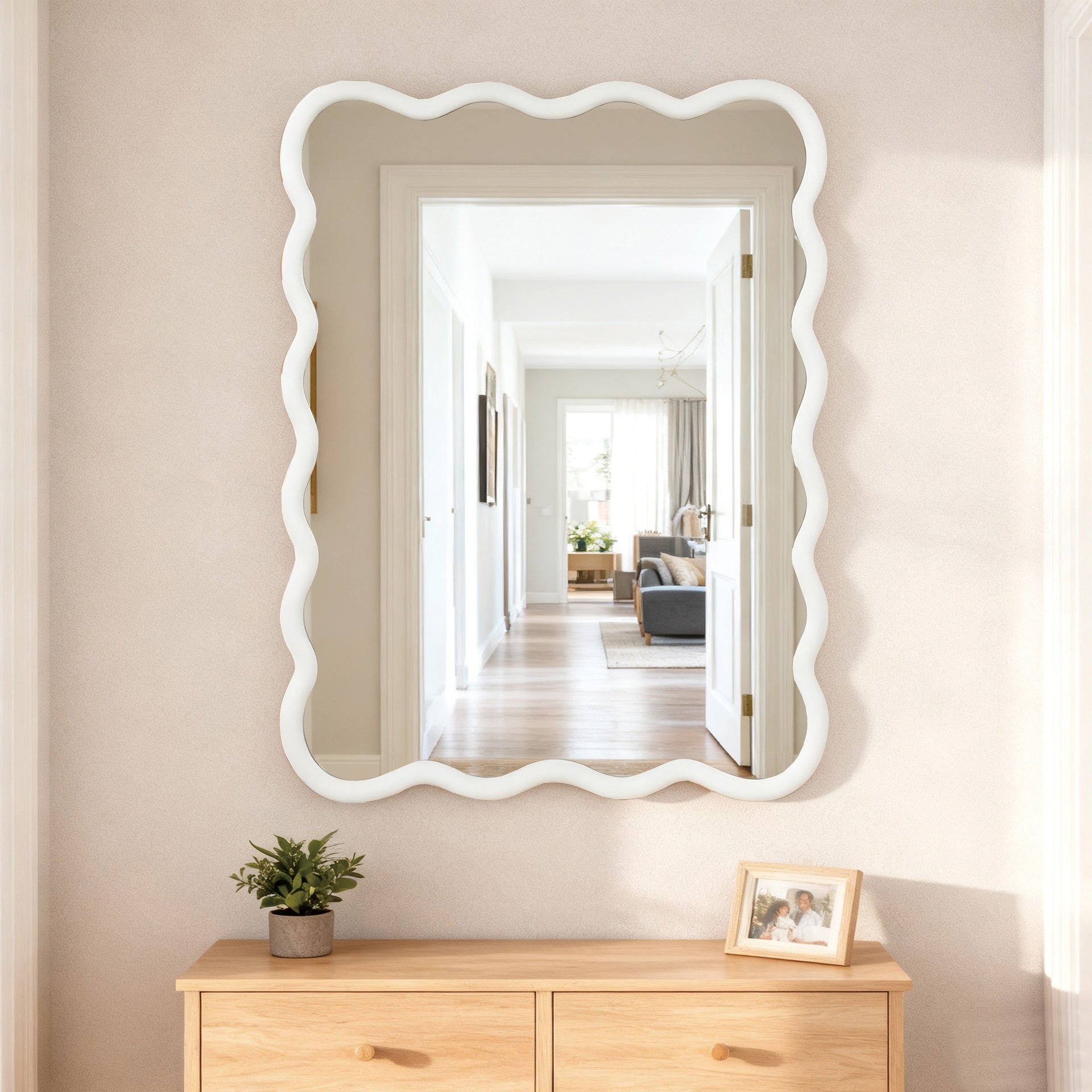 White 30"x40" Wavy Rectangle Solid Wood Frame Decorative Mirror,For Bedroom, Bathroom, Living Room, Entryway