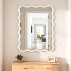 White 30"x40" Wavy Rectangle Solid Wood Frame Decorative Mirror,For Bedroom, Bathroom, Living Room, Entryway