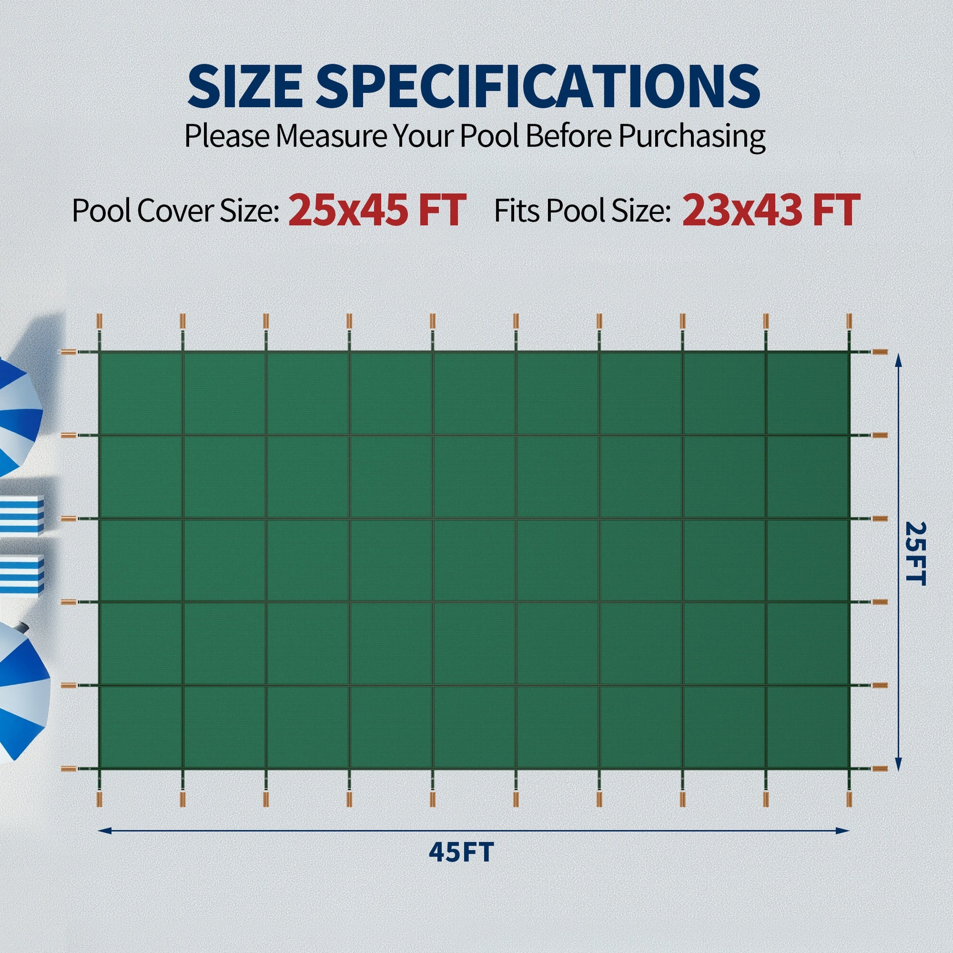 Swimming Pool Safety Cover, Fits 25x45ft Rectangular underground and Inground Swimming Pools, Triple Stitched High Strength Mesh PP Abrasion Resistant  Installation Hardware Included,Green Mesh