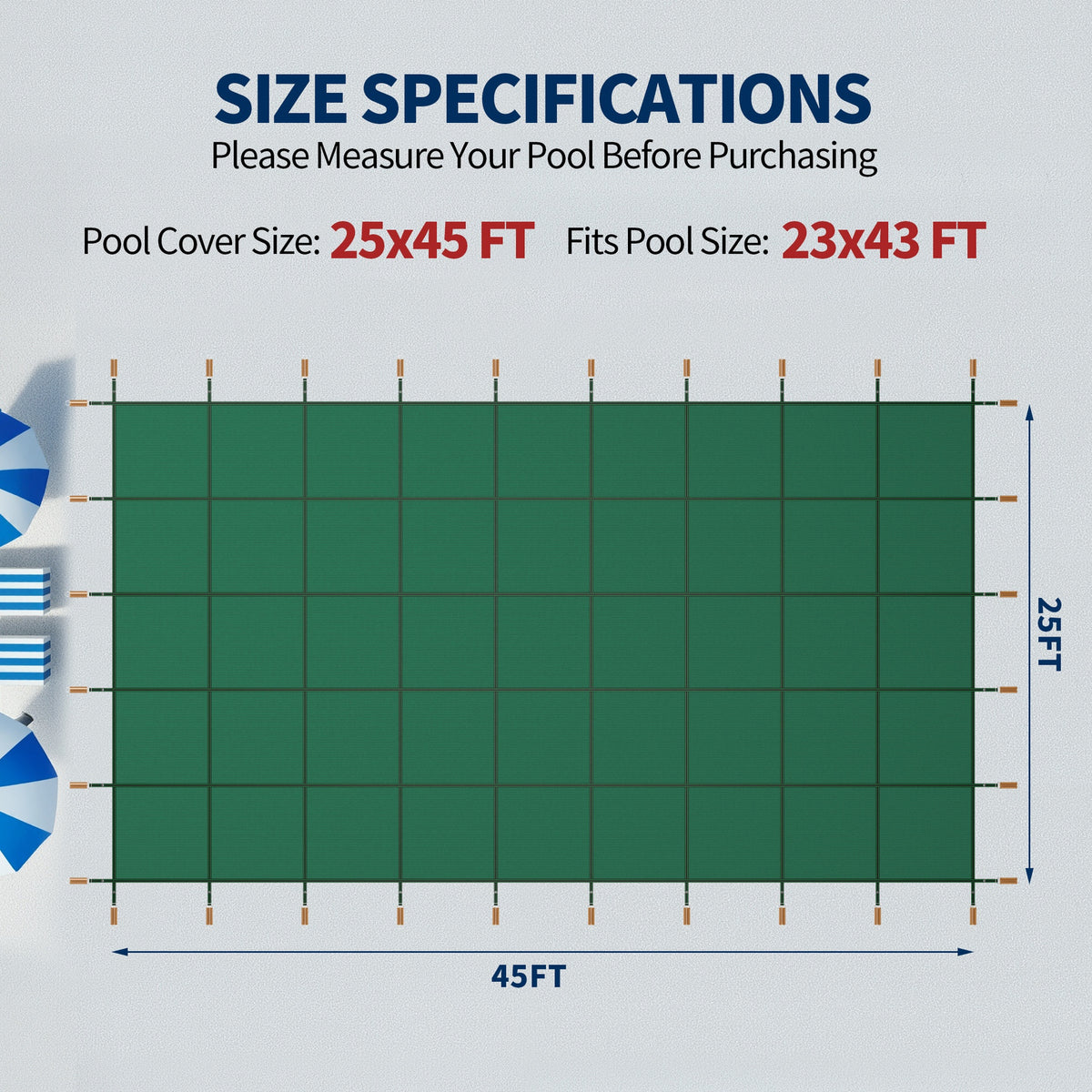 Swimming Pool Safety Cover, Fits 25x45ft Rectangular underground and Inground Swimming Pools, Triple Stitched High Strength Mesh PP Abrasion Resistant  Installation Hardware Included,Green Mesh