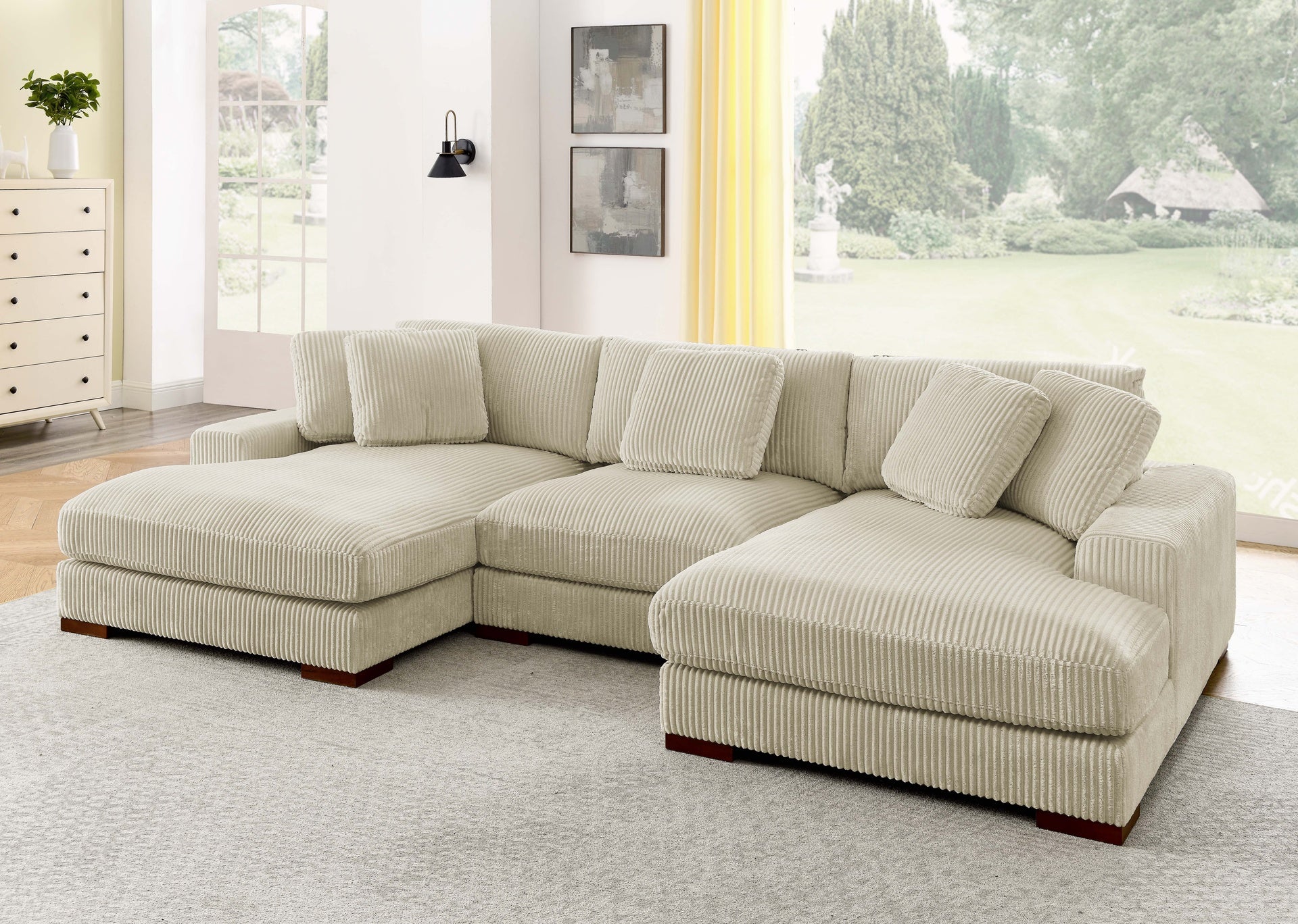 Large Seating Corduroy Upholstered Double Chaise Sectional