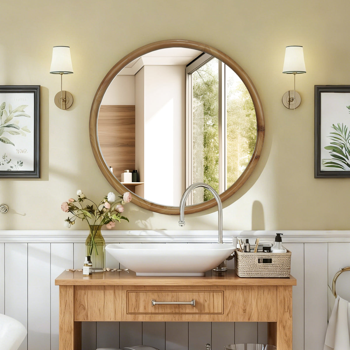 Round Wood Framed Wall Mirror, 23.62" Natural Wooden Circle Mirror for Bathroom, Bedroom, Entryway, Mid-Century Modern Decorative Mirror