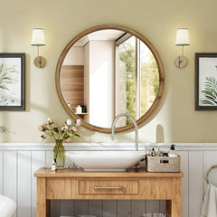 Round Wood Framed Wall Mirror, 23.62" Natural Wooden Circle Mirror for Bathroom, Bedroom, Entryway, Mid-Century Modern Decorative Mirror