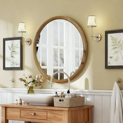 Round Wood Framed Wall Mirror, 23.62" Natural Wooden Circle Mirror for Bathroom, Bedroom, Entryway, Mid-Century Modern Decorative Mirror