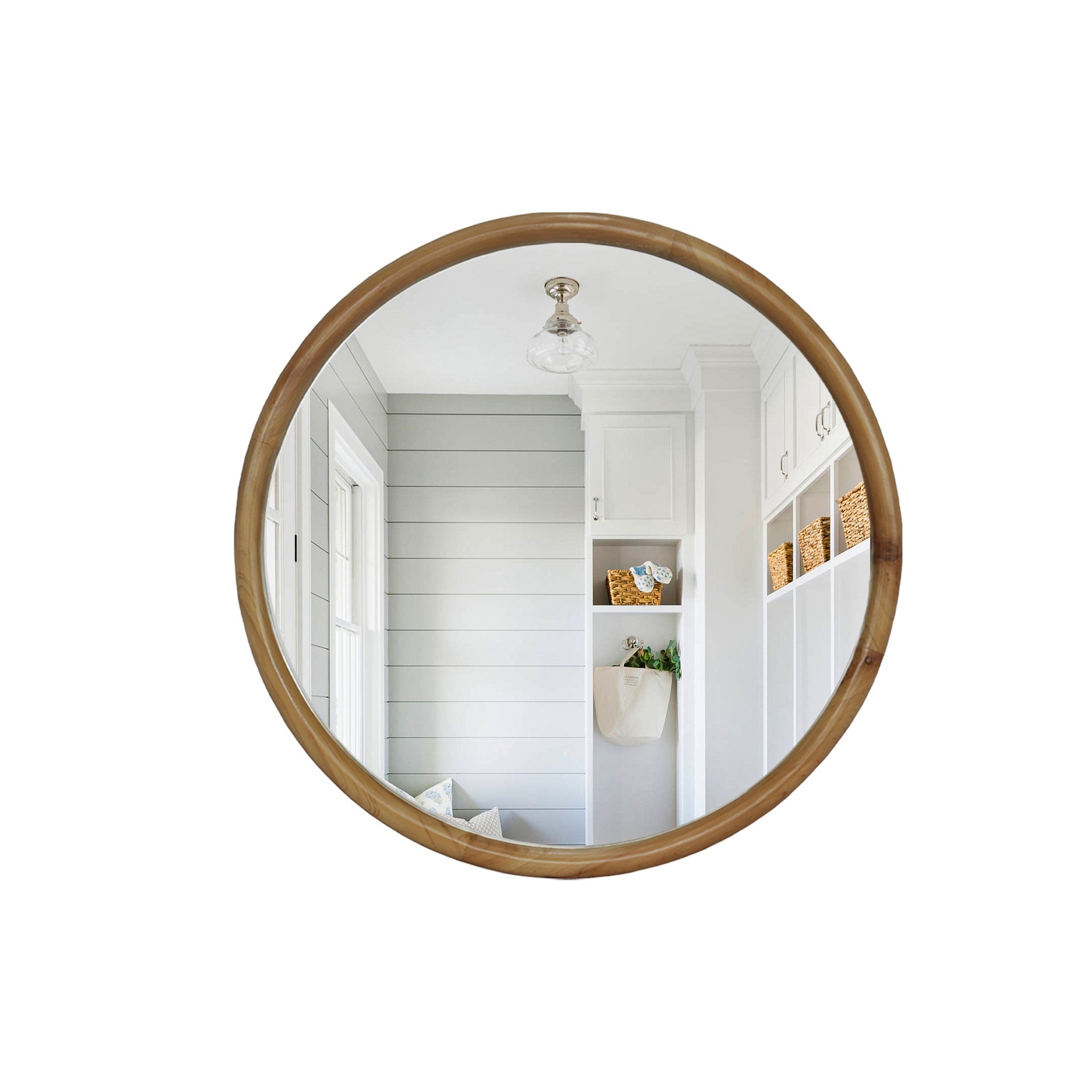Round Wood Framed Wall Mirror, 23.62" Natural Wooden Circle Mirror for Bathroom, Bedroom, Entryway, Mid-Century Modern Decorative Mirror
