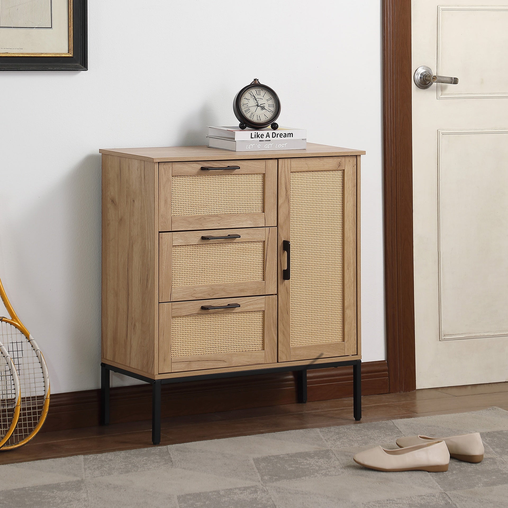 Mid - Century Style Storage Cabinet: 3 Drawers, Rattan Doors, Adjustable Shelves, Ideal for Living & Dining Rooms, Easy to Install