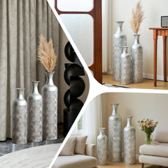 Silver Metal Vases, Set of 3 Modern Floor Vases with Wave Pattern for Home Decor, Tall Cylinder Flower Vases for Living Room Office (32.68, 25.98, 19.69 Inch)